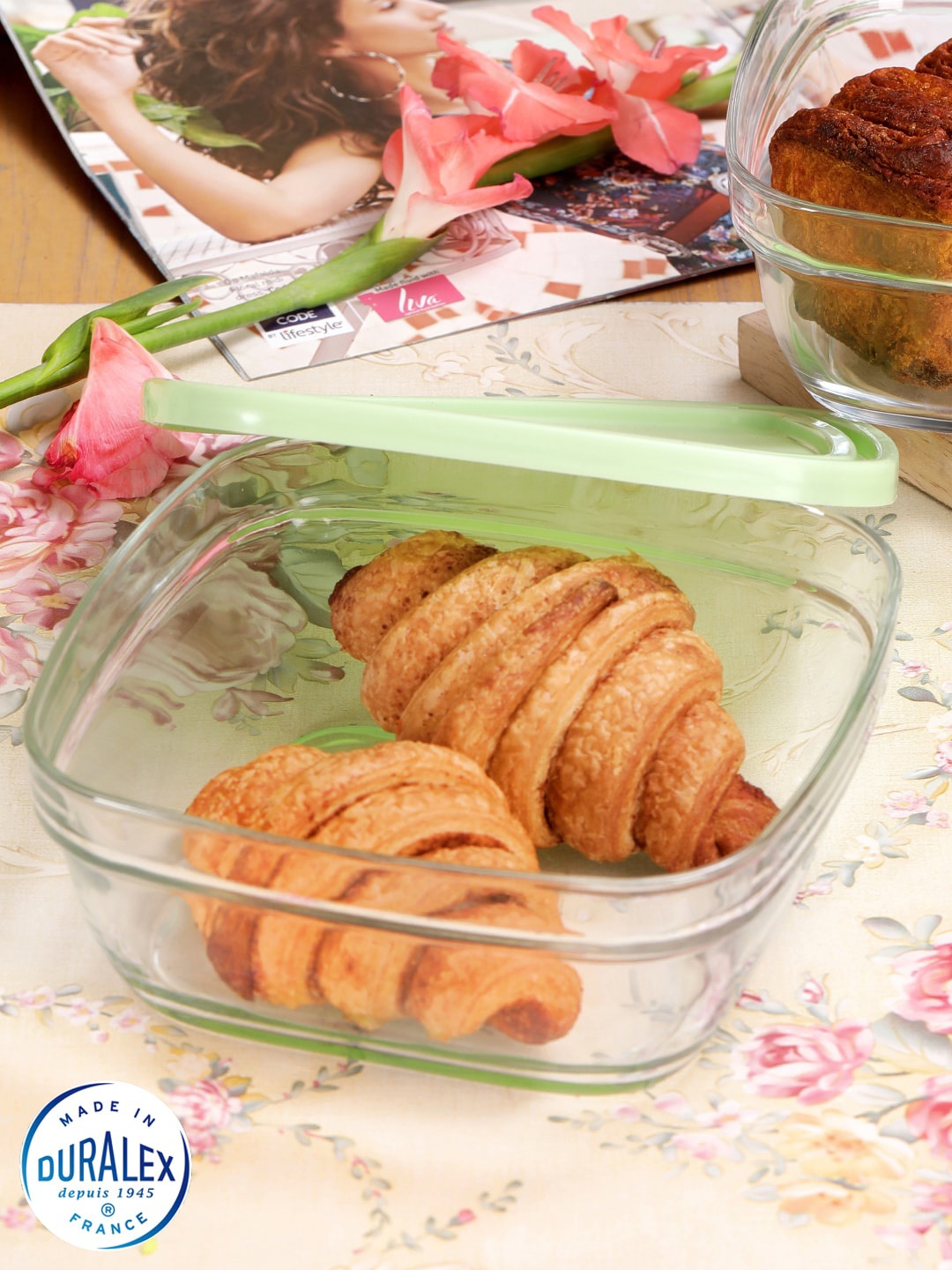 

DURALEX Transparent & Green Solid Glass Food Container