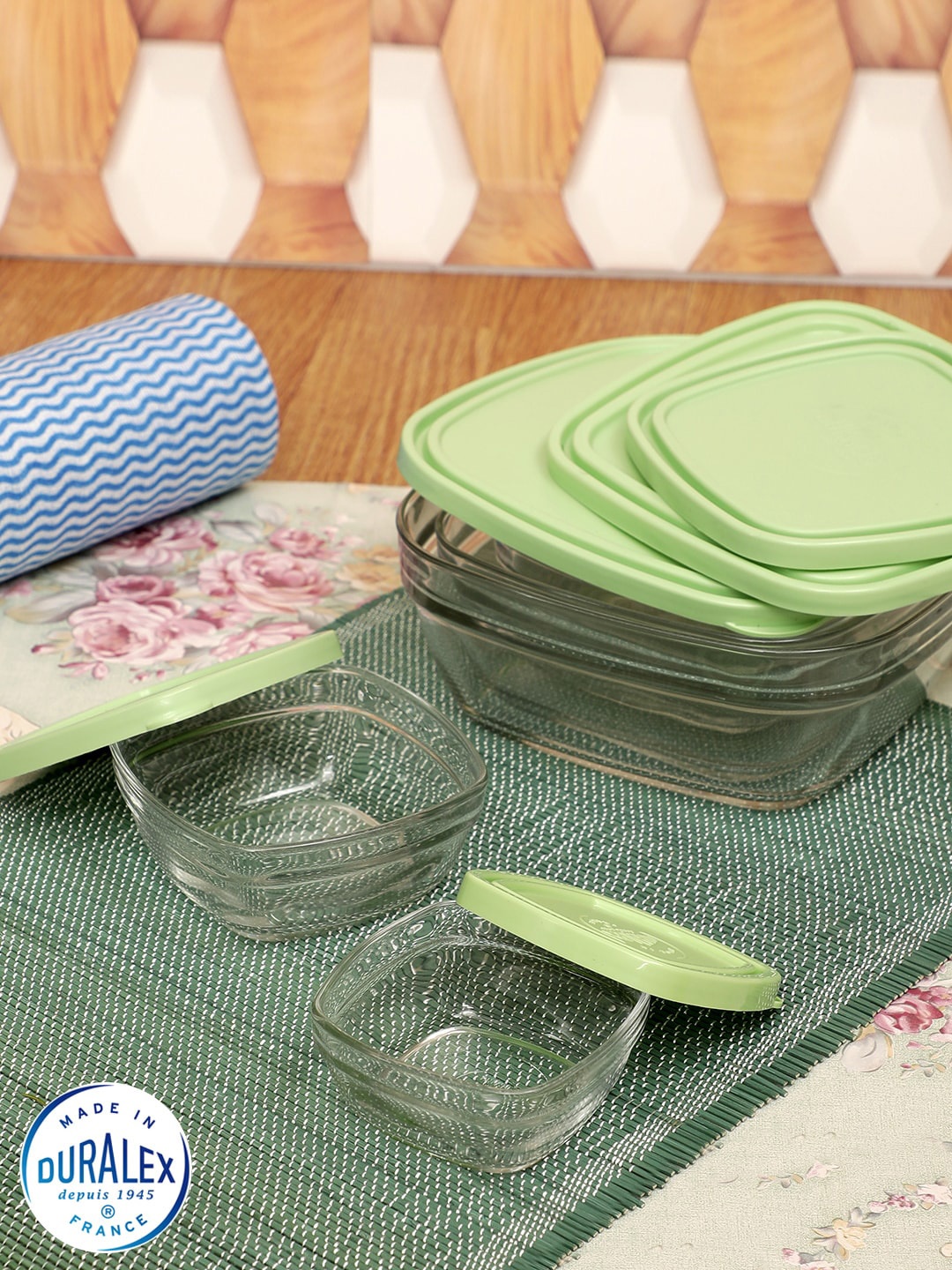 

DURALEX Set of 5 Transparent Stackable Lunch Boxes With Green Lid
