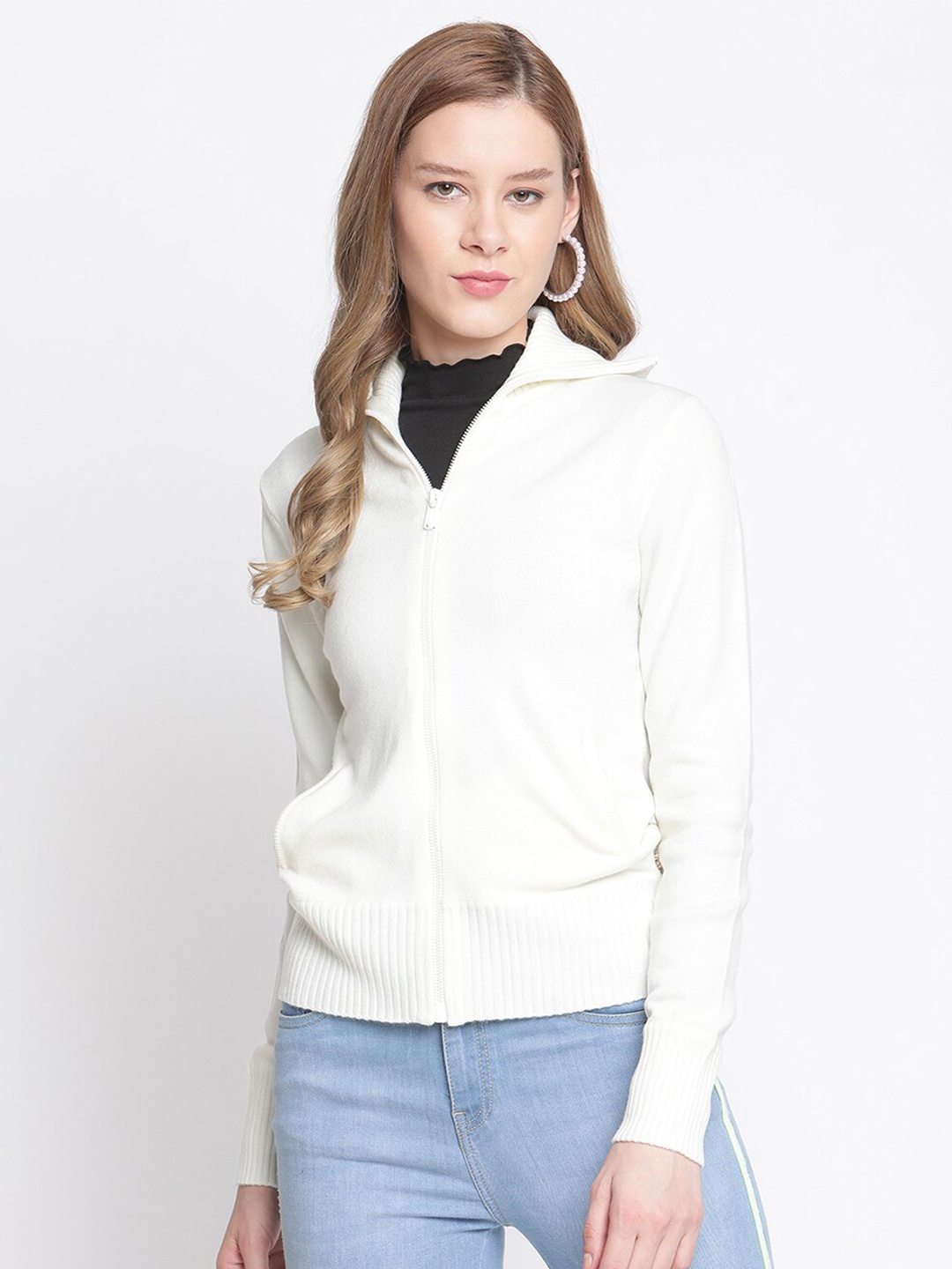 

Madame Women White Woollen Front-Open with Zip Detail