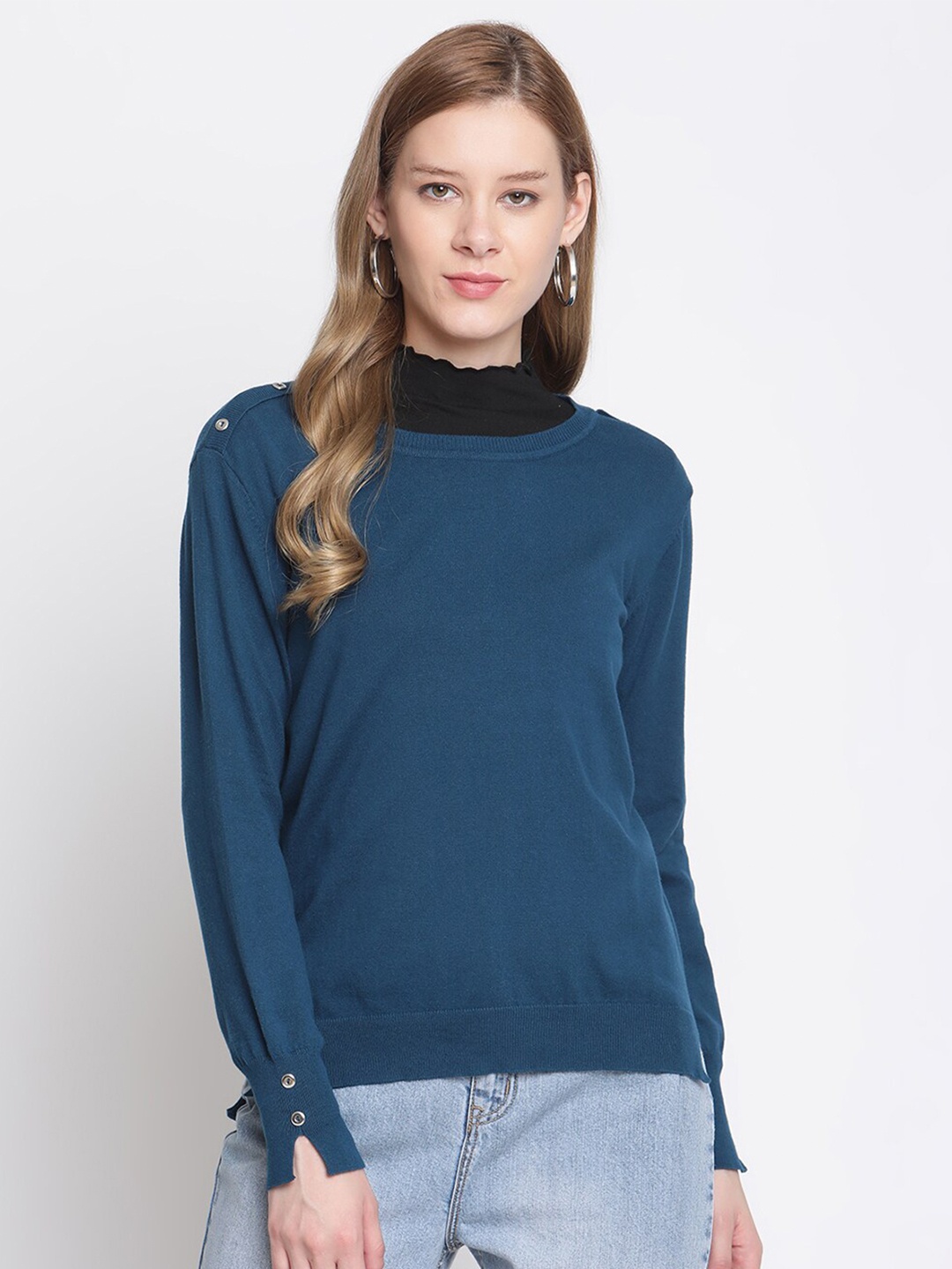 

Madame Women Navy Blue Solid Wool Pullover Sweater