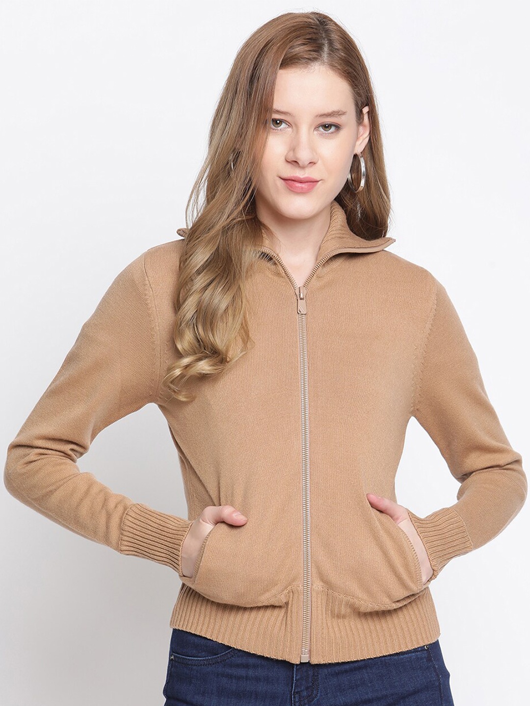 

Madame Women Beige Solid Turtle Neck Pullover