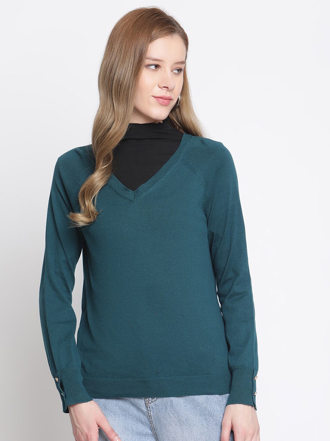 

Madame Women Teal Solid Pullover