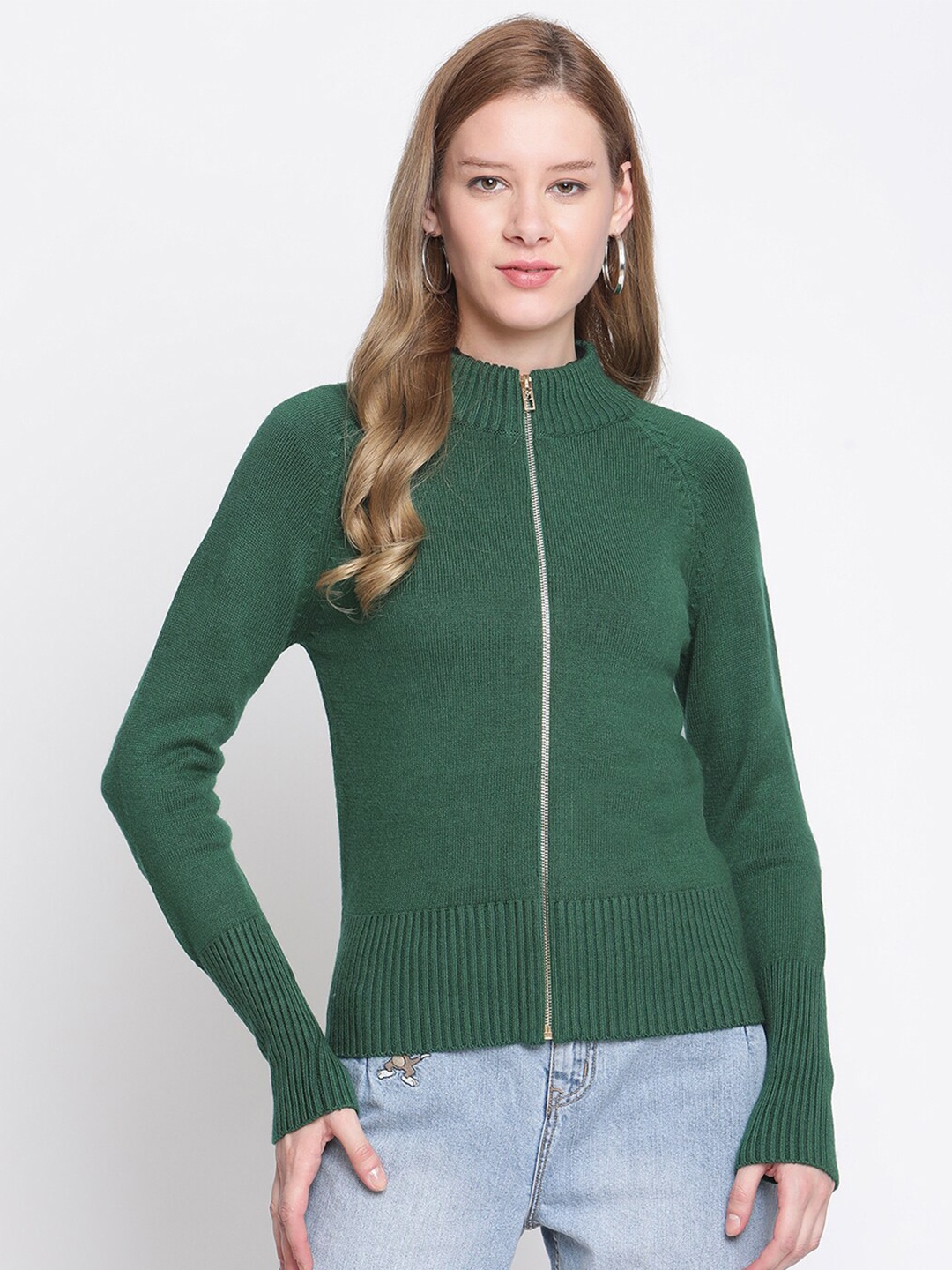 

Madame Women Green Ribbed Raglan Sleeves Front-Open Sweater