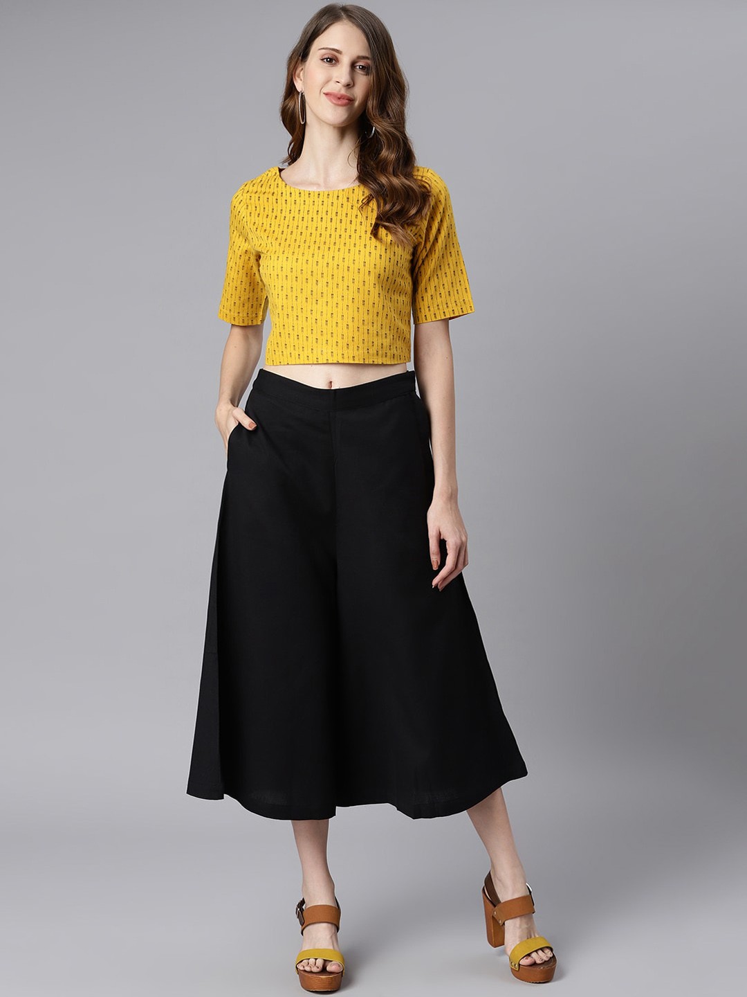 

Janasya Women Mustard Yellow Printed Regular Pure Cotton Top with Culottes