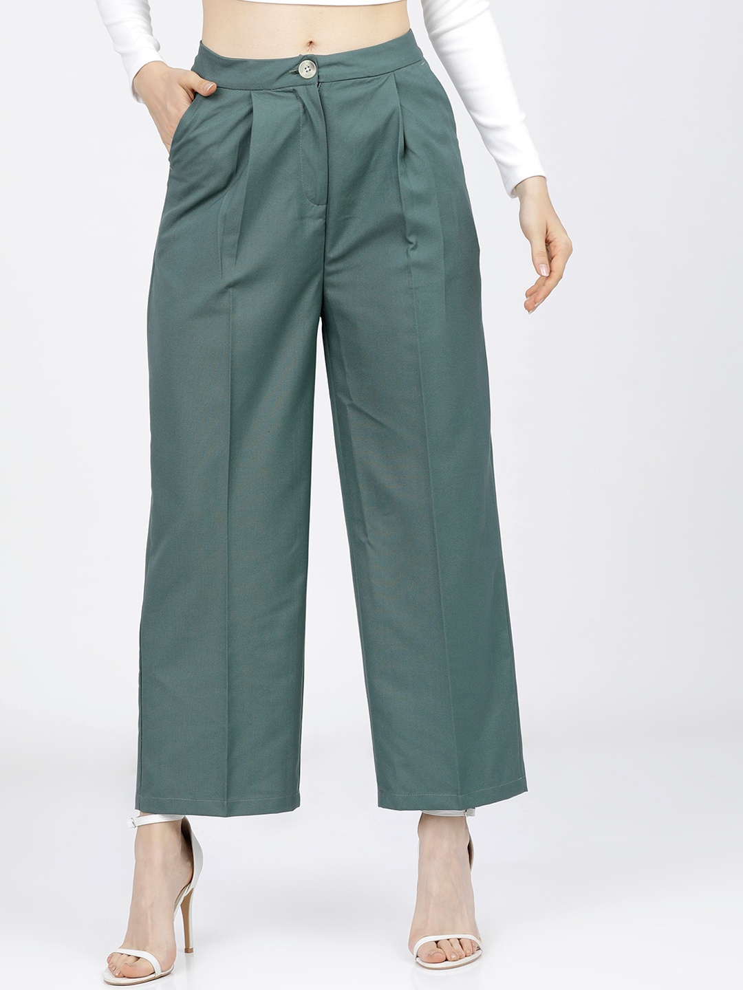 

Tokyo Talkies Women Green High-Rise Easy Wash Pleated Parallel Trousers