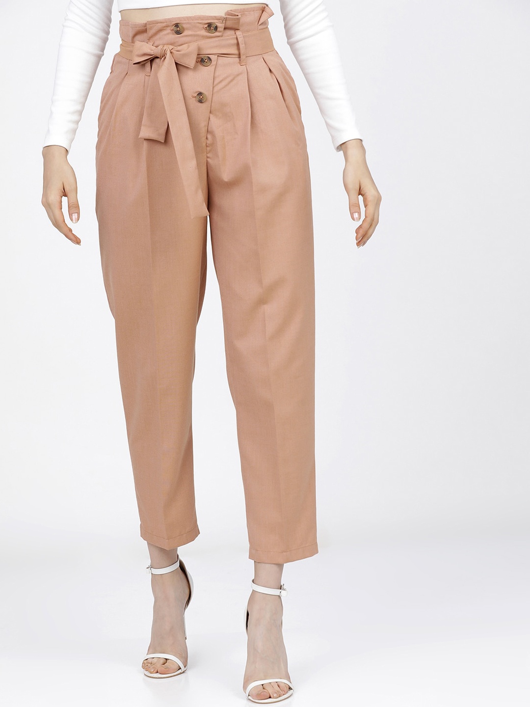 

Tokyo Talkies Women Peach-Coloured High-Rise Easy Wash Pleated Peg Trousers