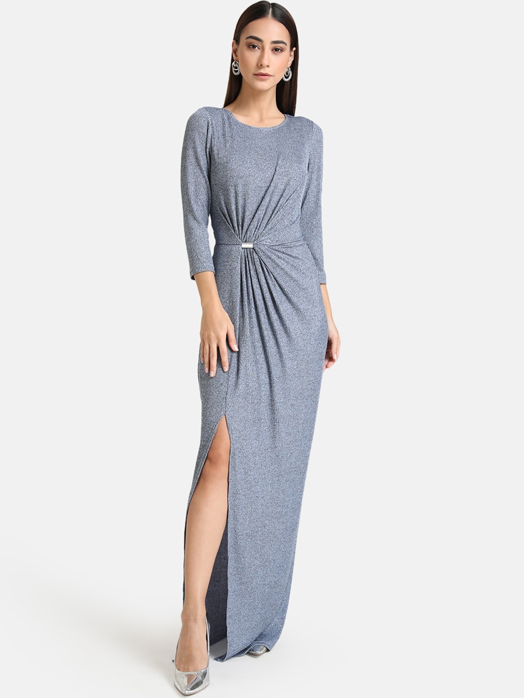 

Kazo Blue Ribbed Maxi Dress with Knee Slit