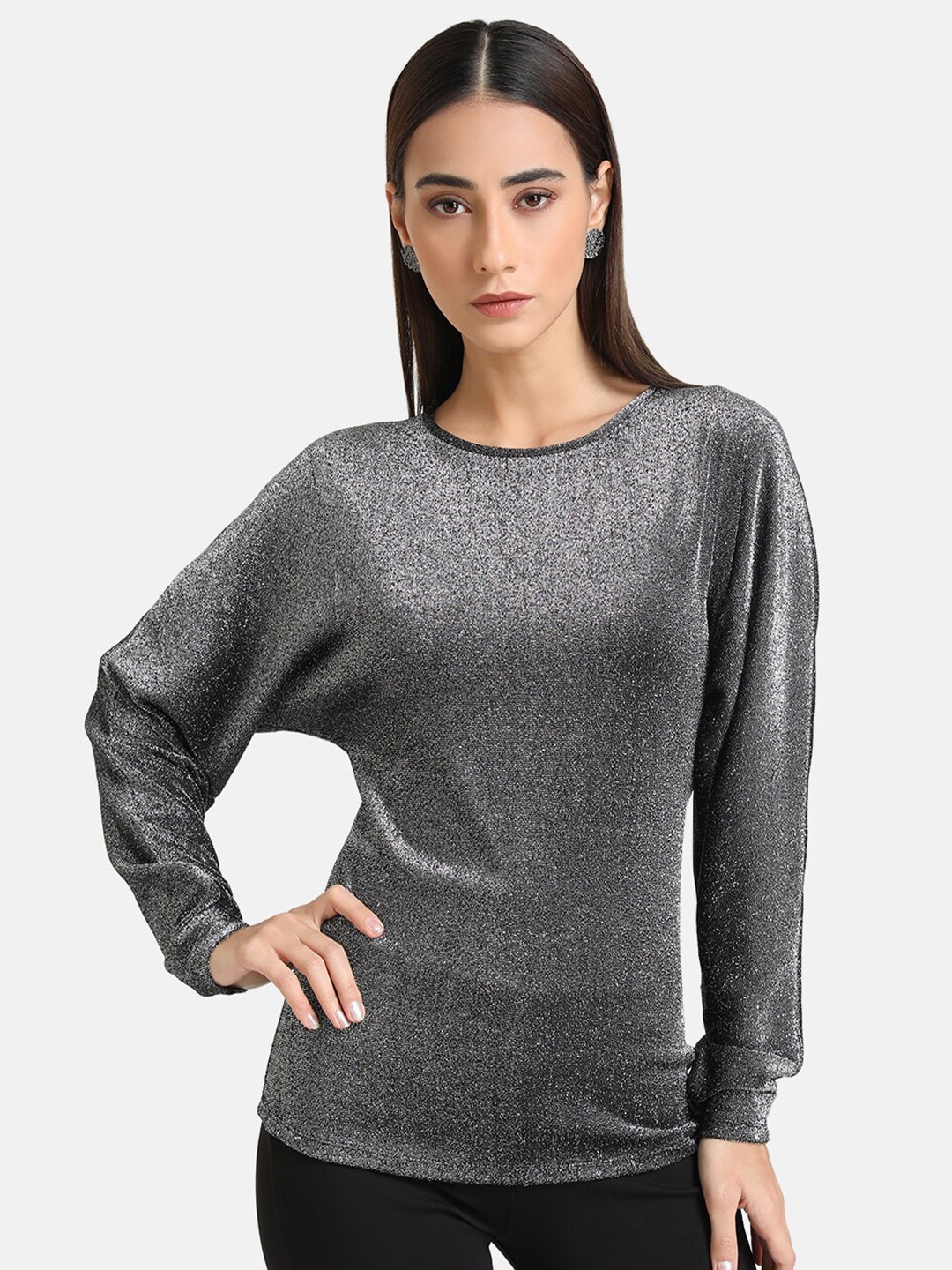 

Kazo Black Shimmer Regular Top with Batwing Sleeves