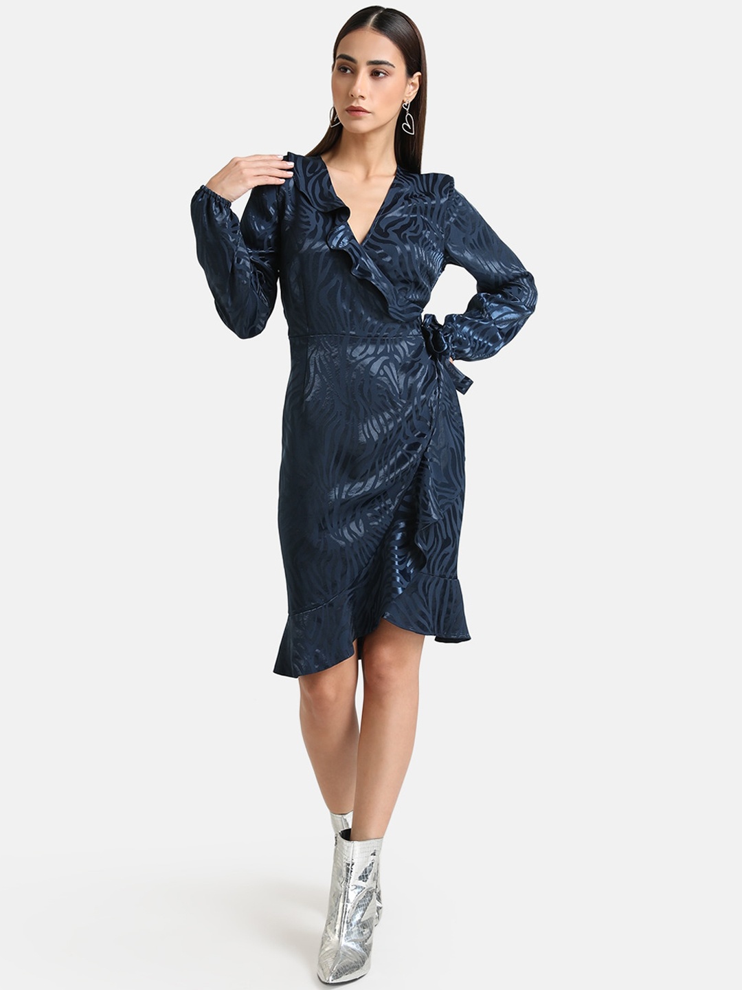 

Kazo Blue Self Design Wrap Dress