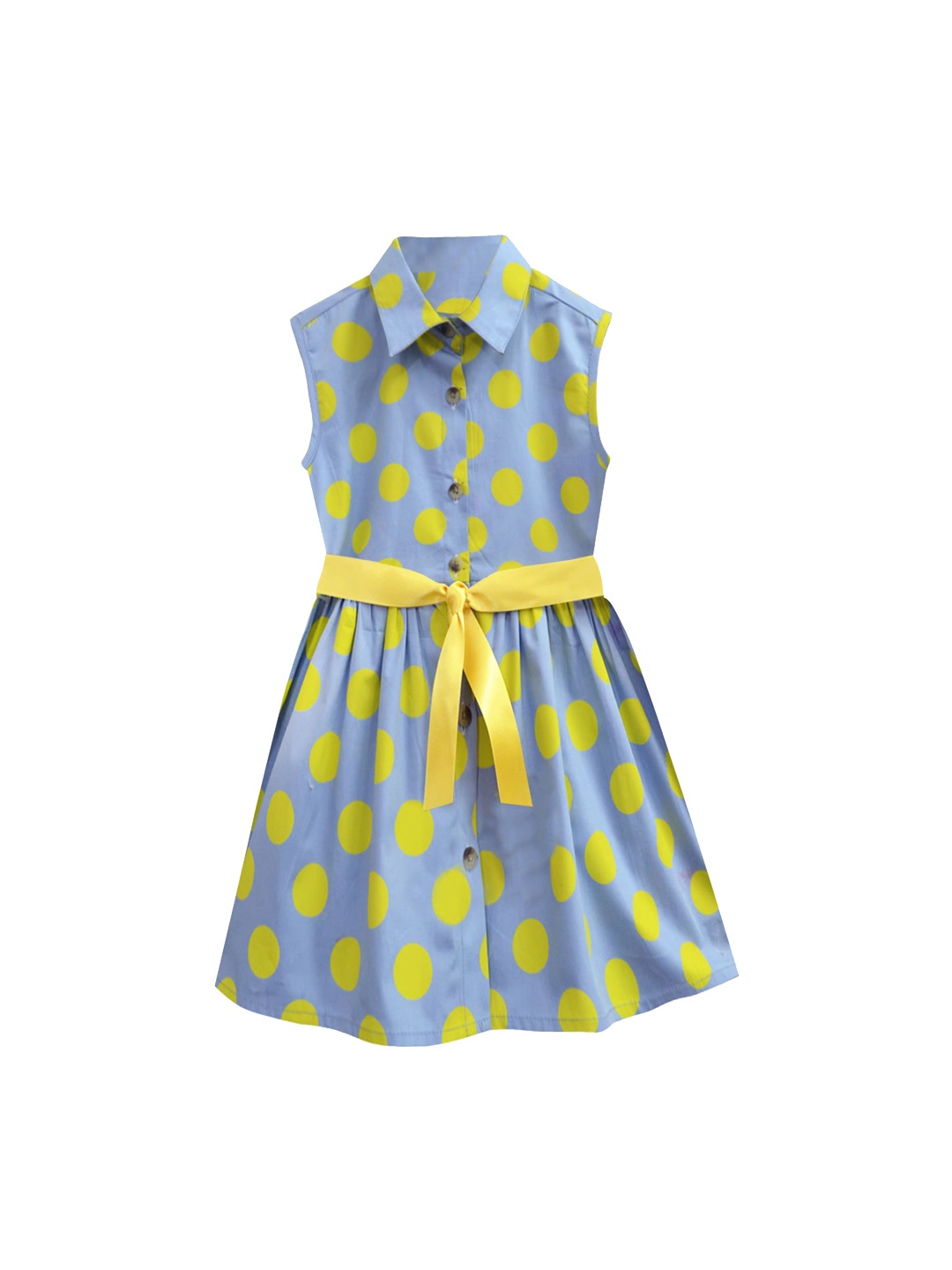 

A T U N Blue & Yellow Polka Dots Printed Sleeveless Pure Cotton Dress