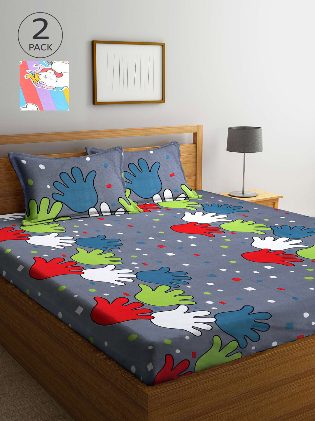 

Arrabi Blue & Grey Cartoon Characters 300 TC 2 King Bedsheet with 4 Pillow Covers