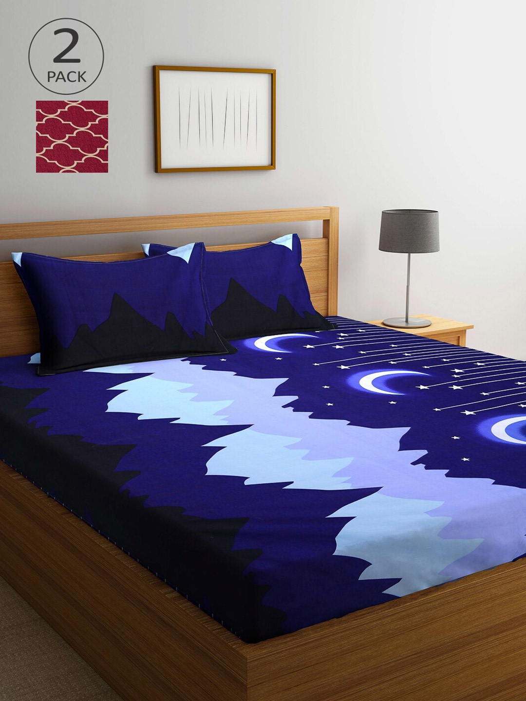 

Arrabi Navy Blue & Maroon Graphic 300 TC 2 King Bedsheet with 4 Pillow Covers