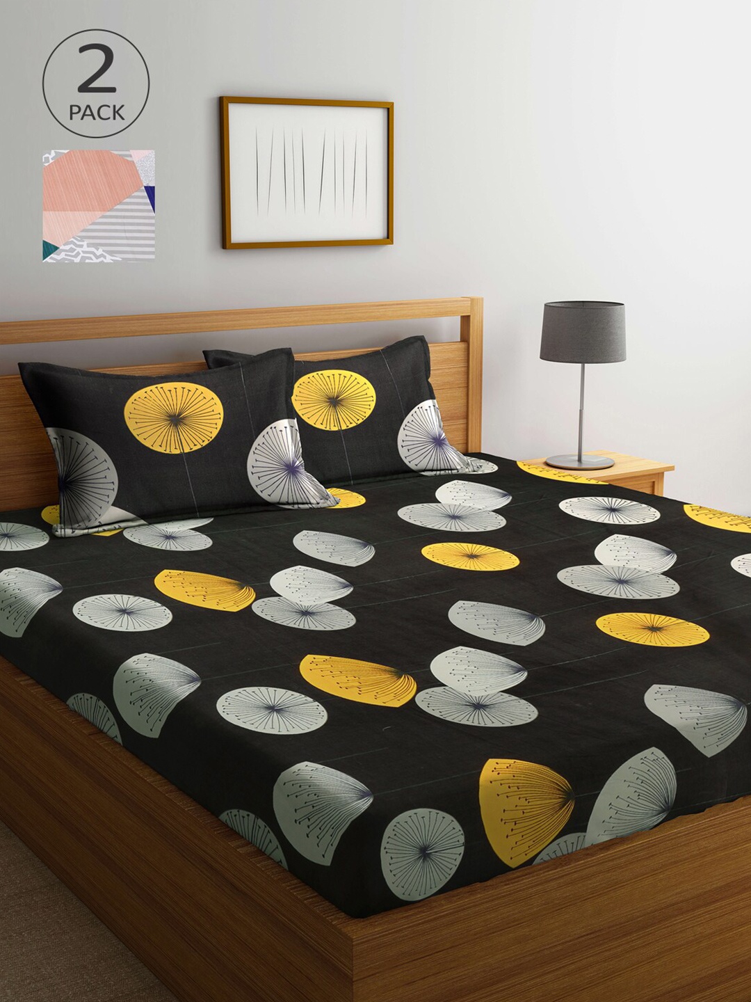 

Arrabi Black & Yellow Graphic 300 TC 2 King Bedsheet with 4 Pillow Covers