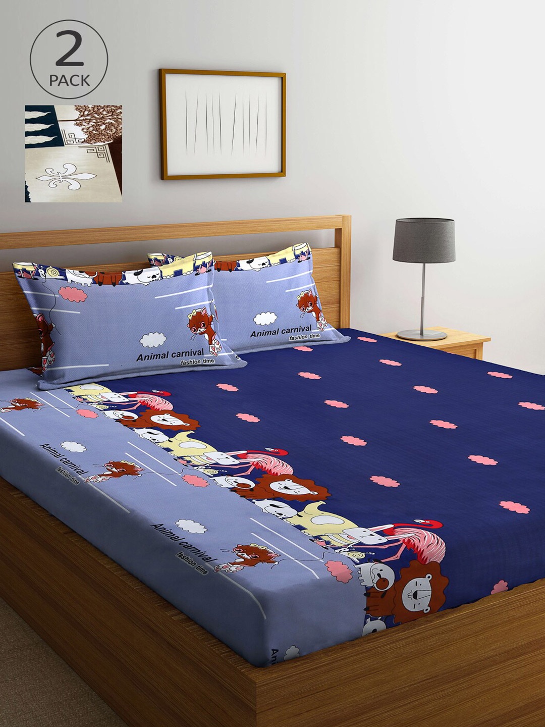 

Arrabi Navy Blue & Green Graphic 300 TC 2 King Bedsheet with 4 Pillow Covers