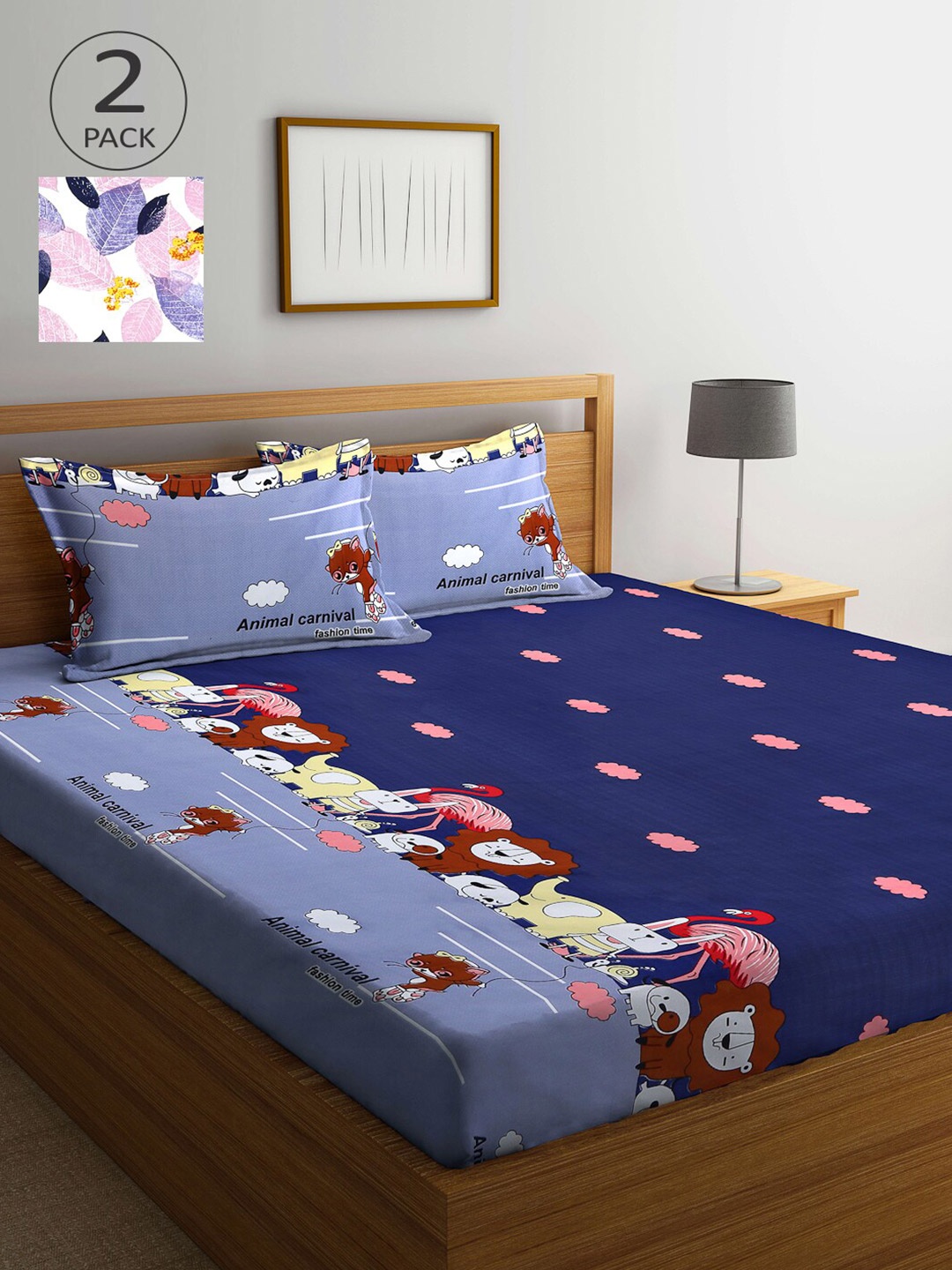 

Arrabi Set Of 2 Blue & Pink Cartoon Characters 300 TC 2 King Bedsheet with 4 Pillow Covers