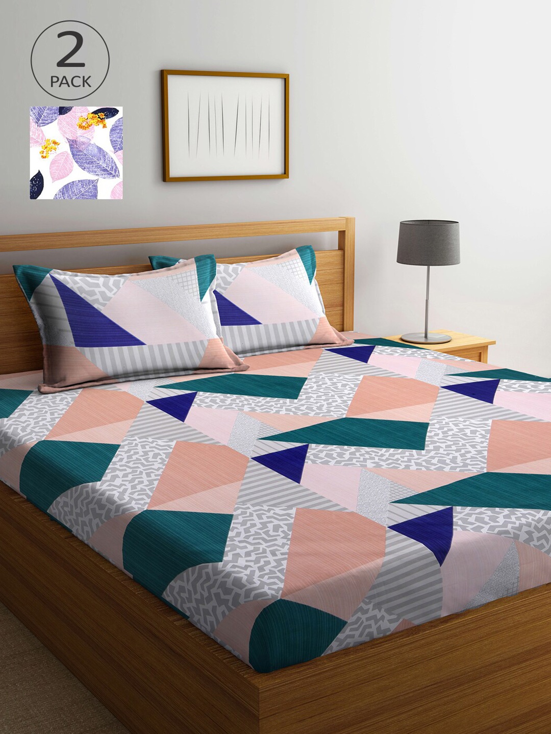 

Arrabi Pink & Blue Geometric 300 TC 2 King Bedsheet with 4 Pillow Covers