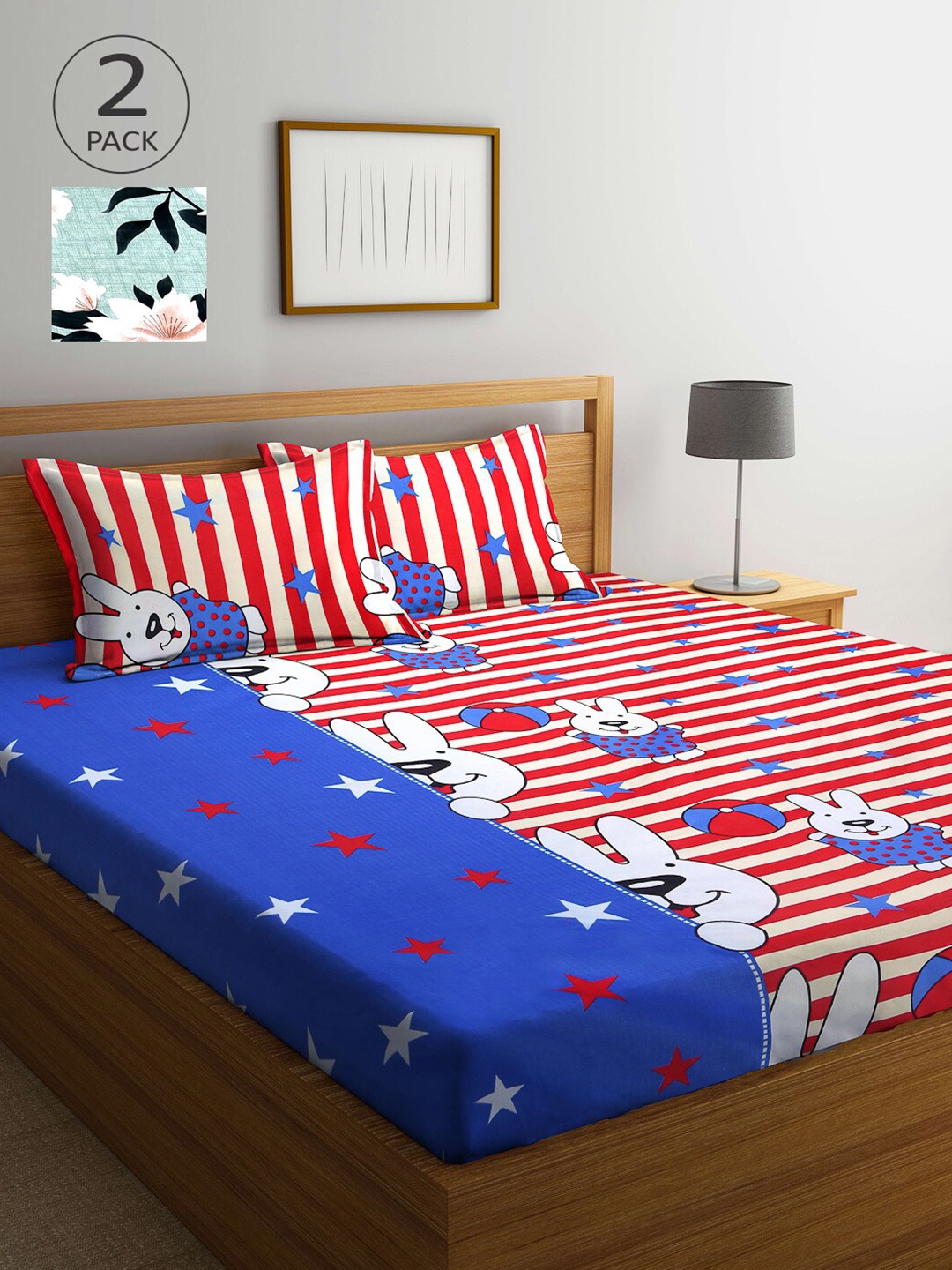 

Arrabi Blue & Red Graphic 300 TC 2 King Bedsheet with 4 Pillow Covers