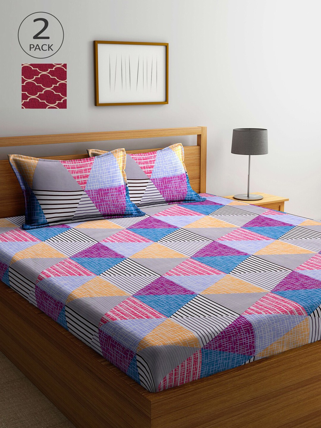 

Arrabi Red & Purple Geometric 300 TC 2 King Bedsheet with 4 Pillow Covers