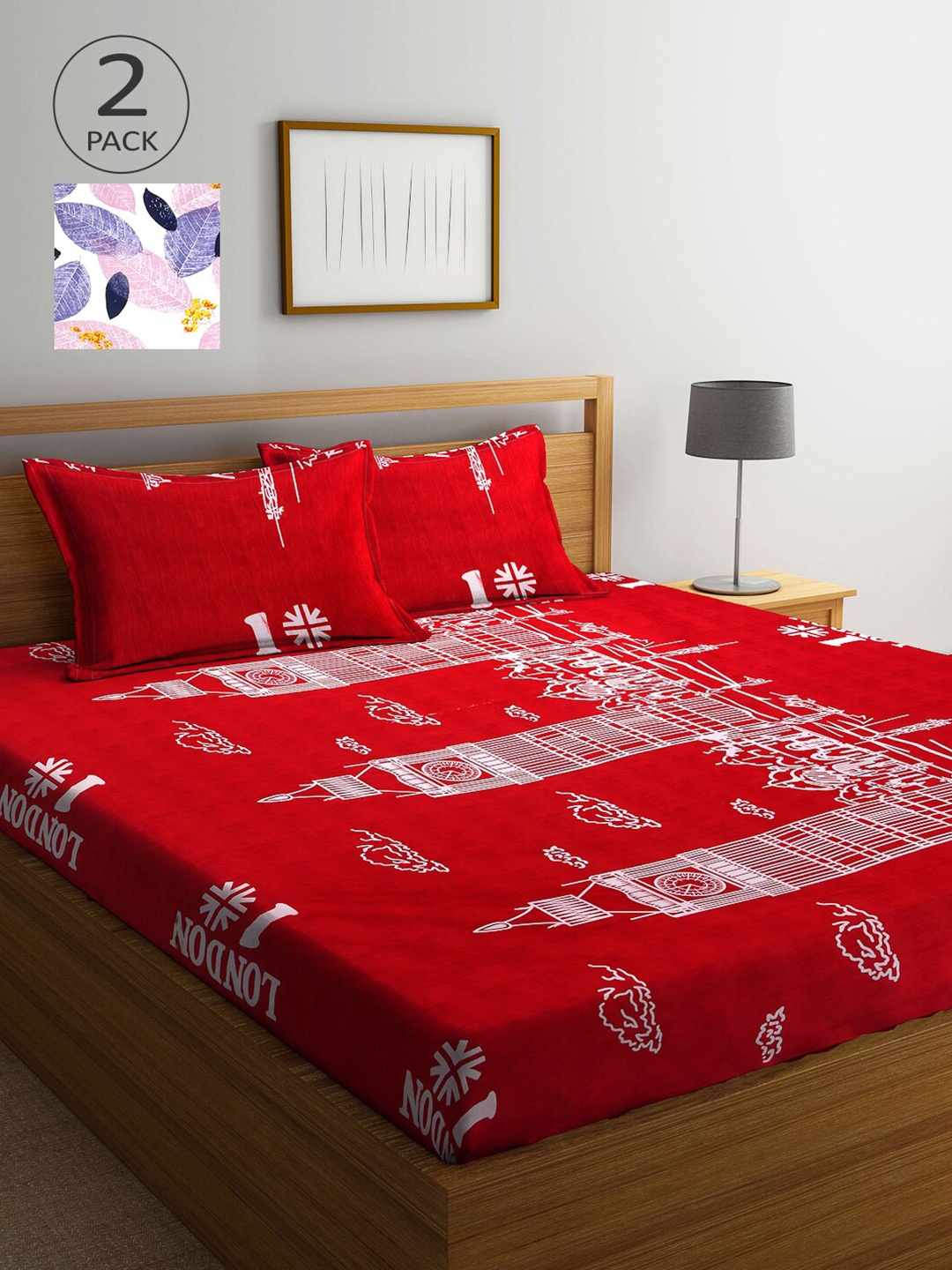 

Arrabi Red & Pink Graphic 300 TC 2 King Bedsheet with 4 Pillow Covers