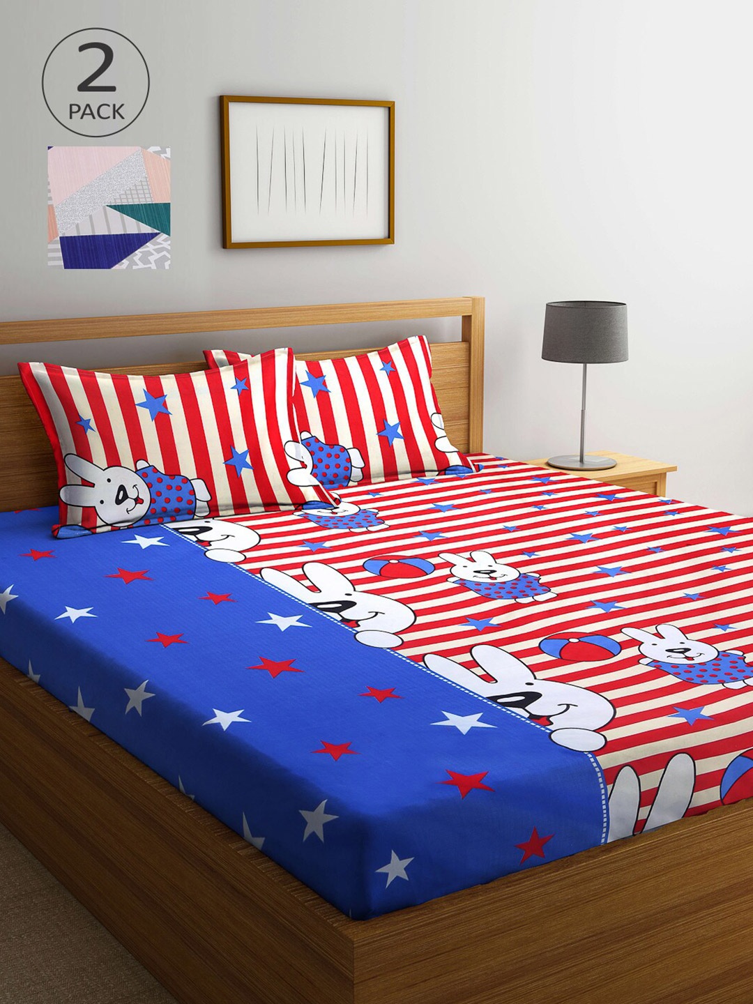 

Arrabi Peach-Coloured & Green Cartoon Characters 300 TC 2 King Bedsheet with 4 Pillow Covers