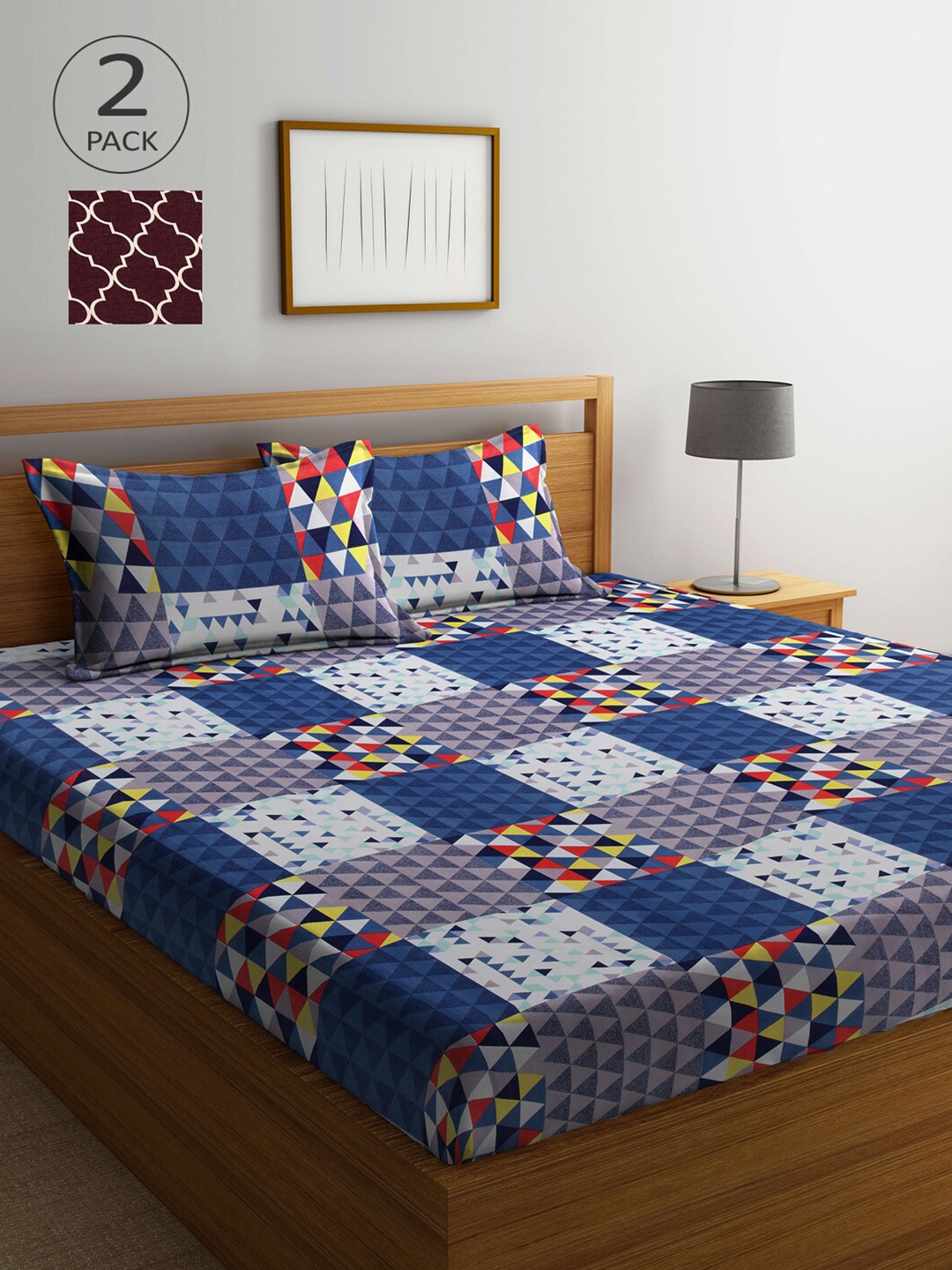 

Arrabi Maroon & Blue Printed 300 TC 2 King Bedsheet with 4 Pillow Covers