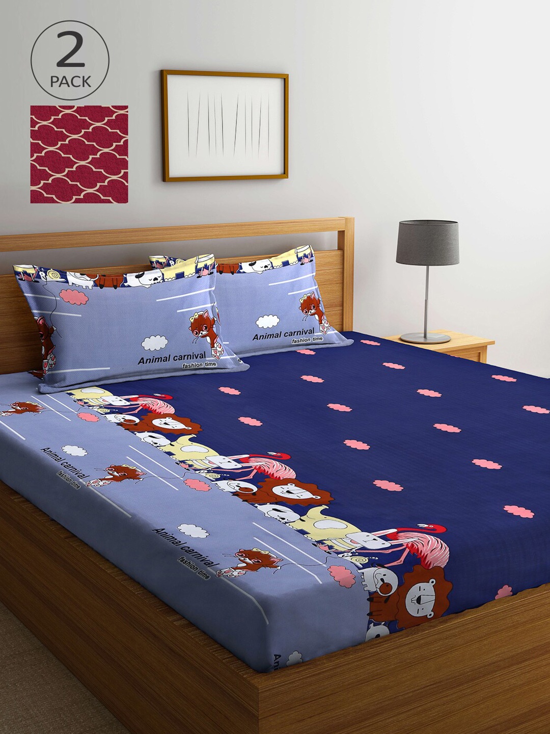

Arrabi Navy Blue & Maroon Graphic 300 TC 2 King Bedsheet with 4 Pillow Covers