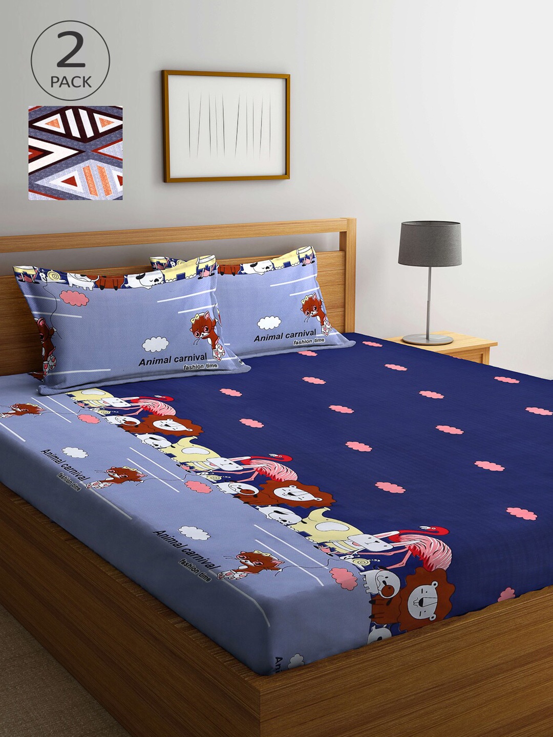 

Arrabi Navy Blue & Grey Geometric 300 TC 2 King Bedsheet with 4 Pillow Covers