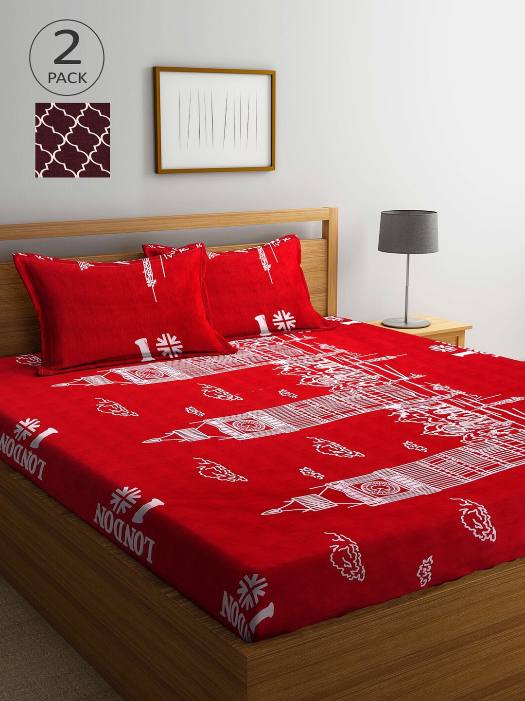 

Arrabi Red & Maroon Graphic 300 TC 2 King Bedsheet with 4 Pillow Covers