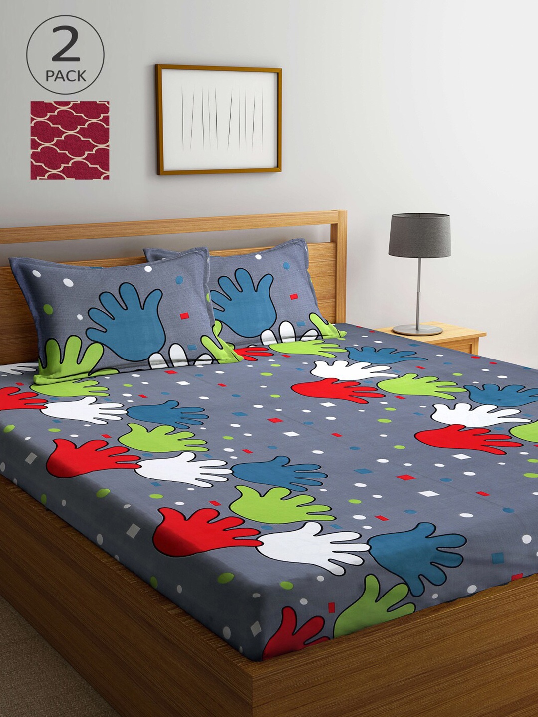 

Arrabi Kids Pack of 2 Multi Cartoon Characters Double Bedsheet with Pillow Covers, Maroon