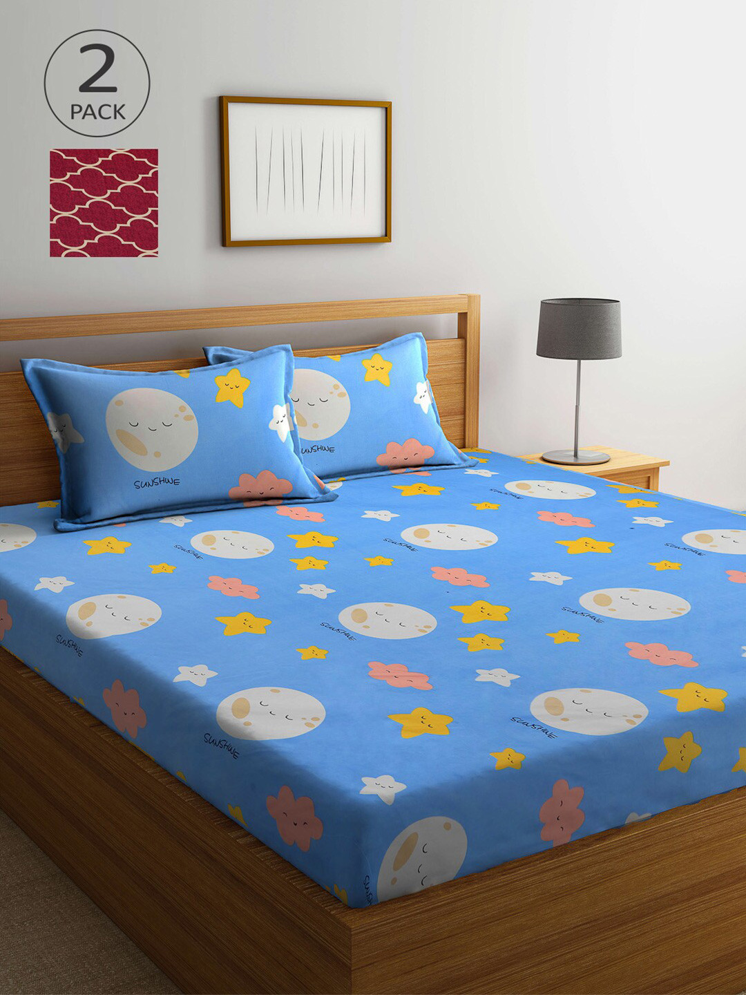 

Arrabi Pack of 2 Printed 300 TC 2 King Bedsheet with 4 Pillow Covers, Multi