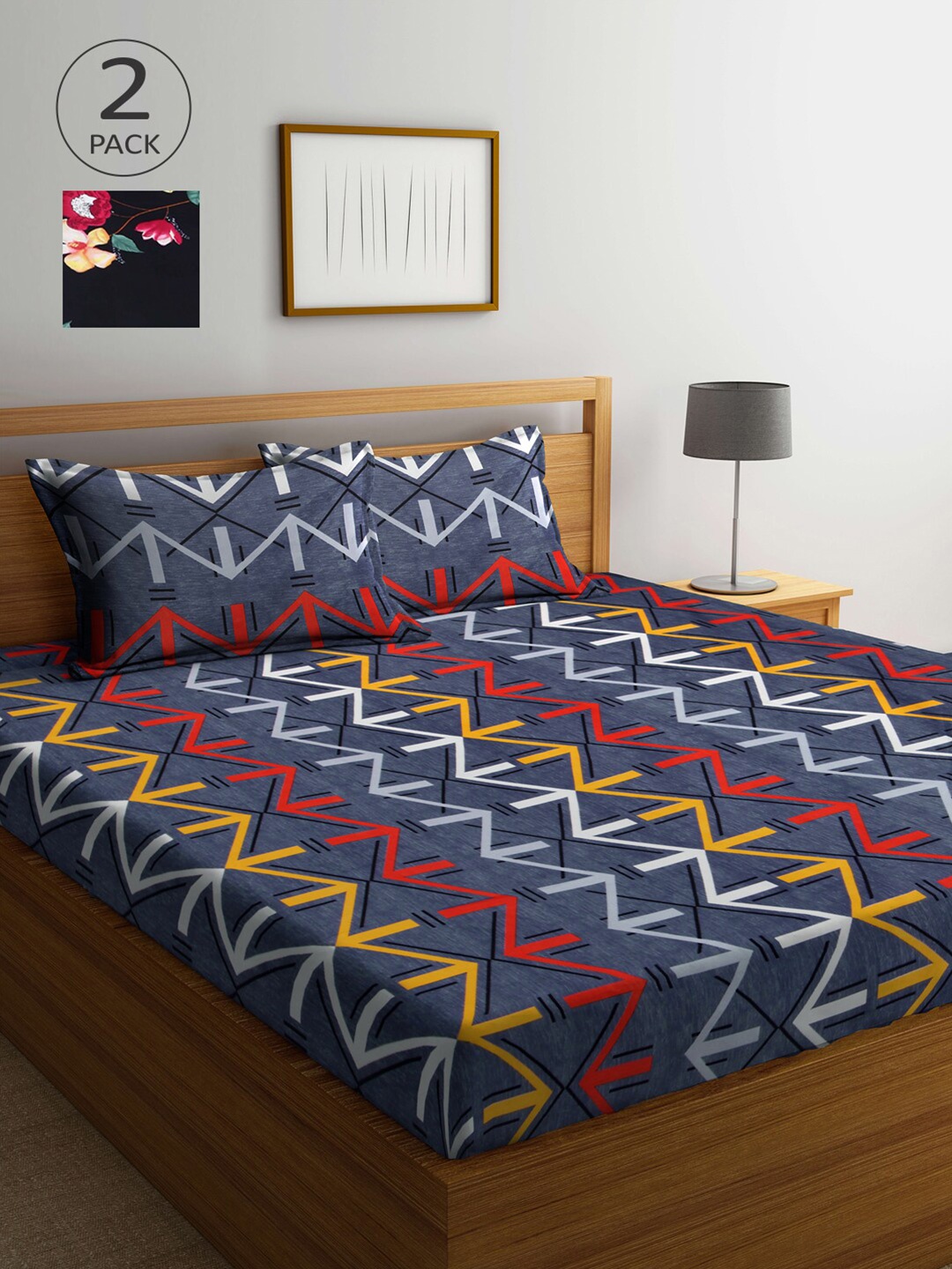 

Arrabi Black & Grey Geometric 300 TC 2 King Bedsheet with 4 Pillow Covers