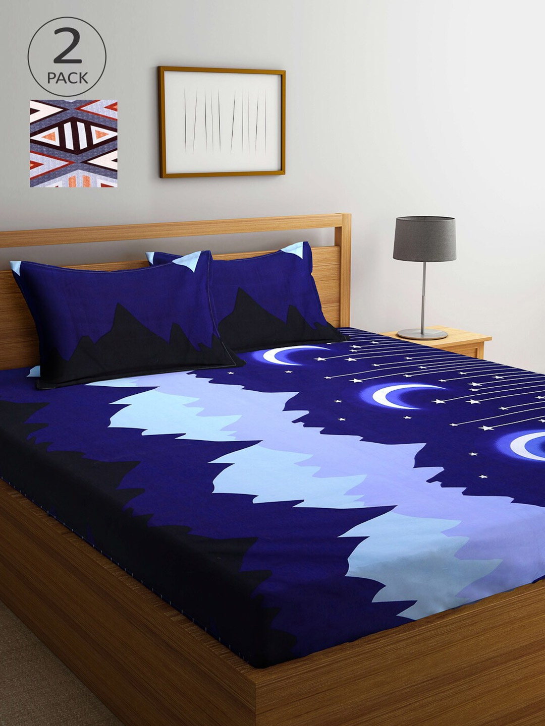 

Arrabi Navy Blue & Grey Graphic 300 TC 2 King Bedsheet with 4 Pillow Covers