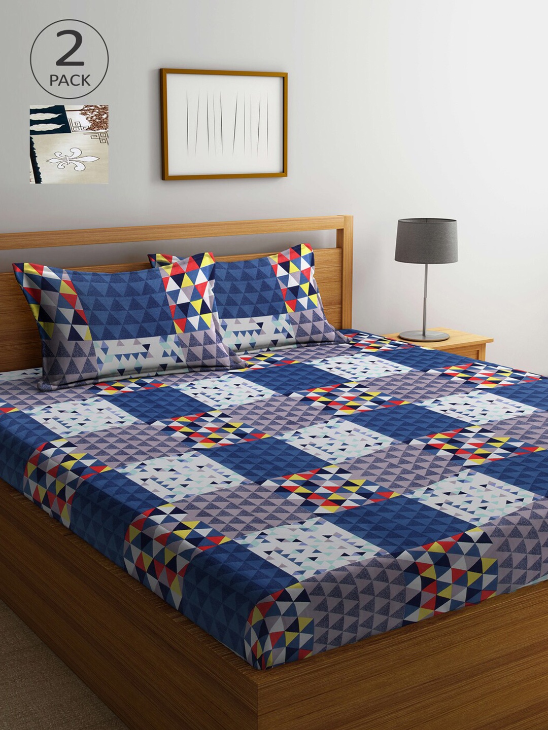 

Arrabi Taupe & Blue Geometric 300 TC 2 King Bedsheet with 4 Pillow Covers