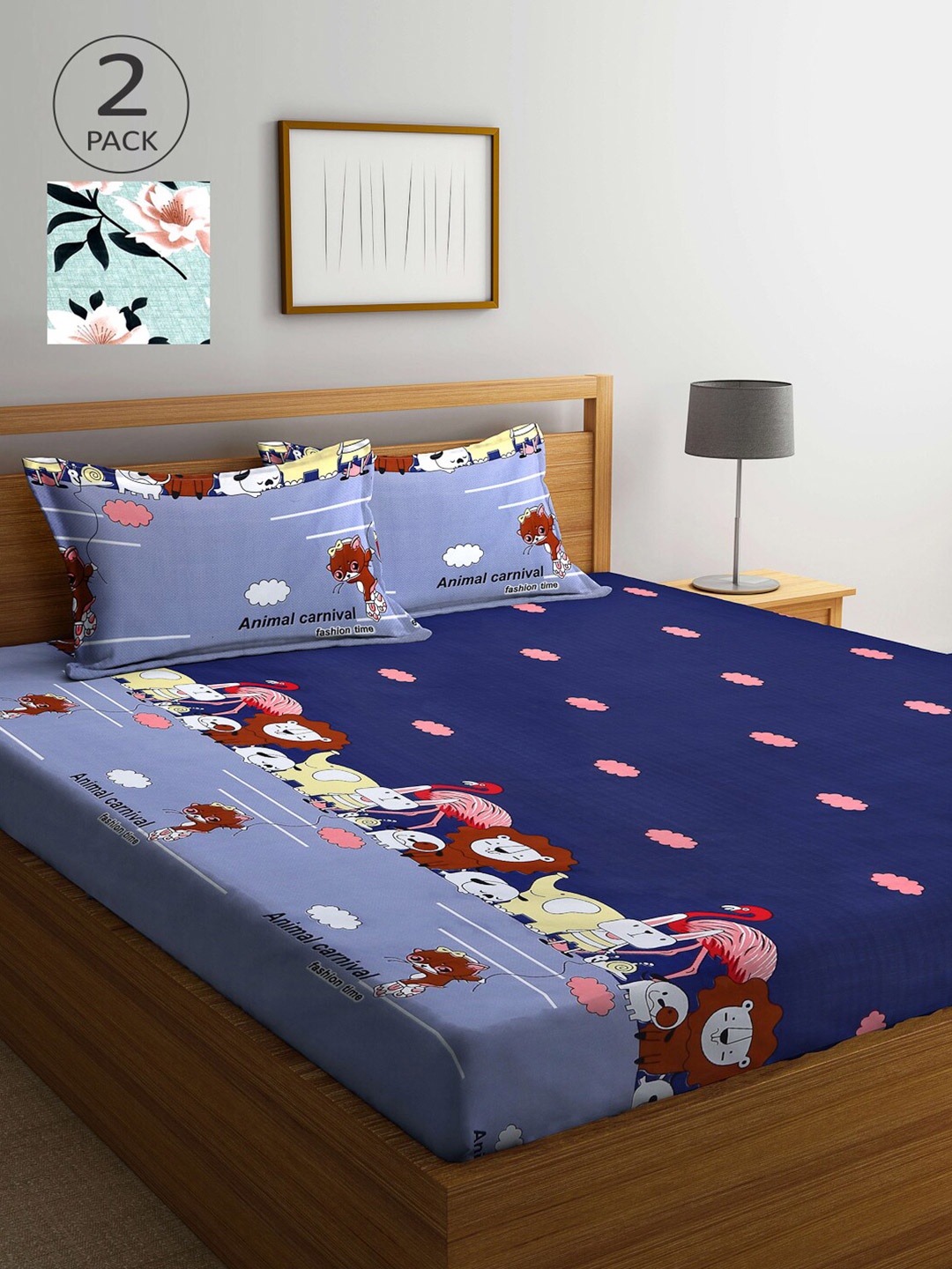 

Arrabi Navy Blue & Green Cartoon Characters 300 TC 2 King Bedsheet with 4 Pillow Covers