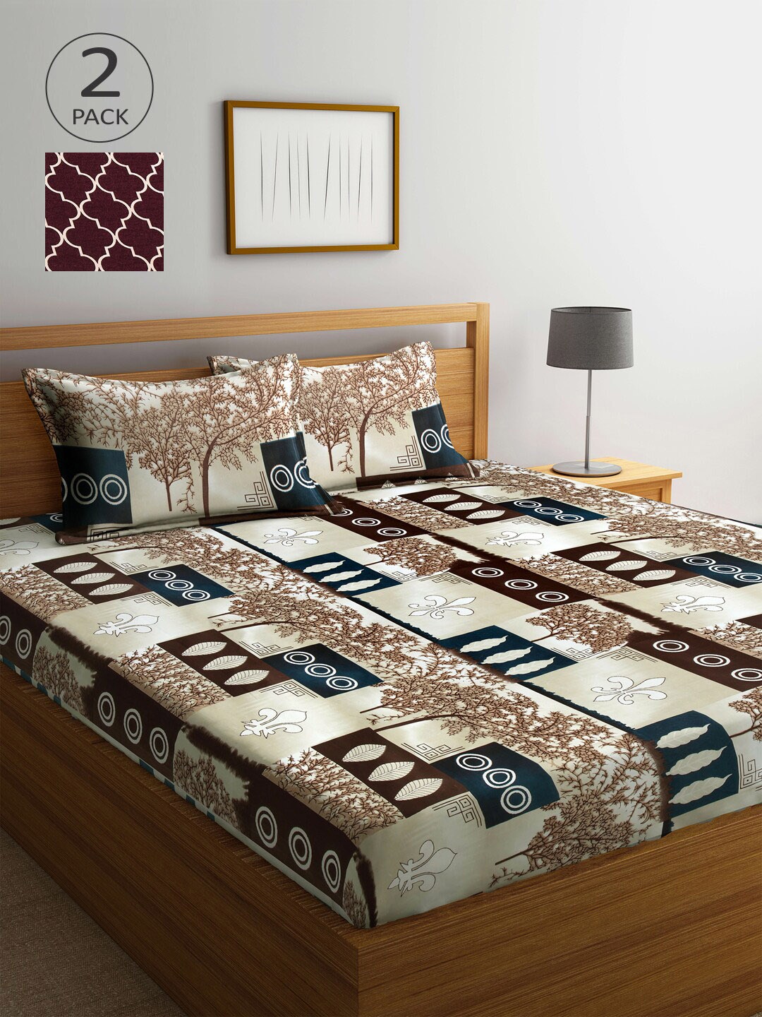 

Arrabi Maroon & White Graphic 300 TC 2 King Bedsheet with 4 Pillow Covers