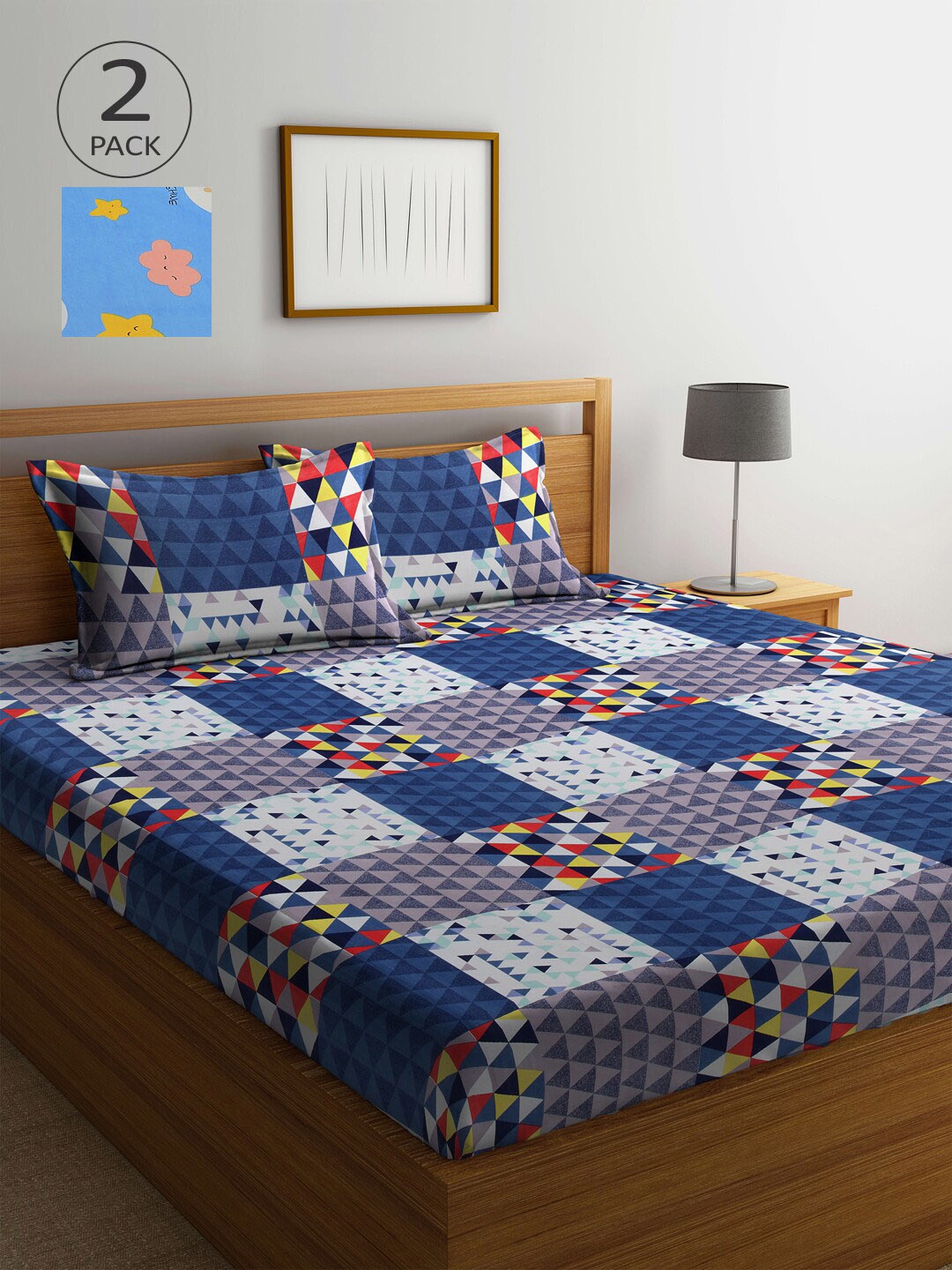 

Arrabi Navy Blue & Grey Geometric 300 TC 2 King Bedsheet with 4 Pillow Covers