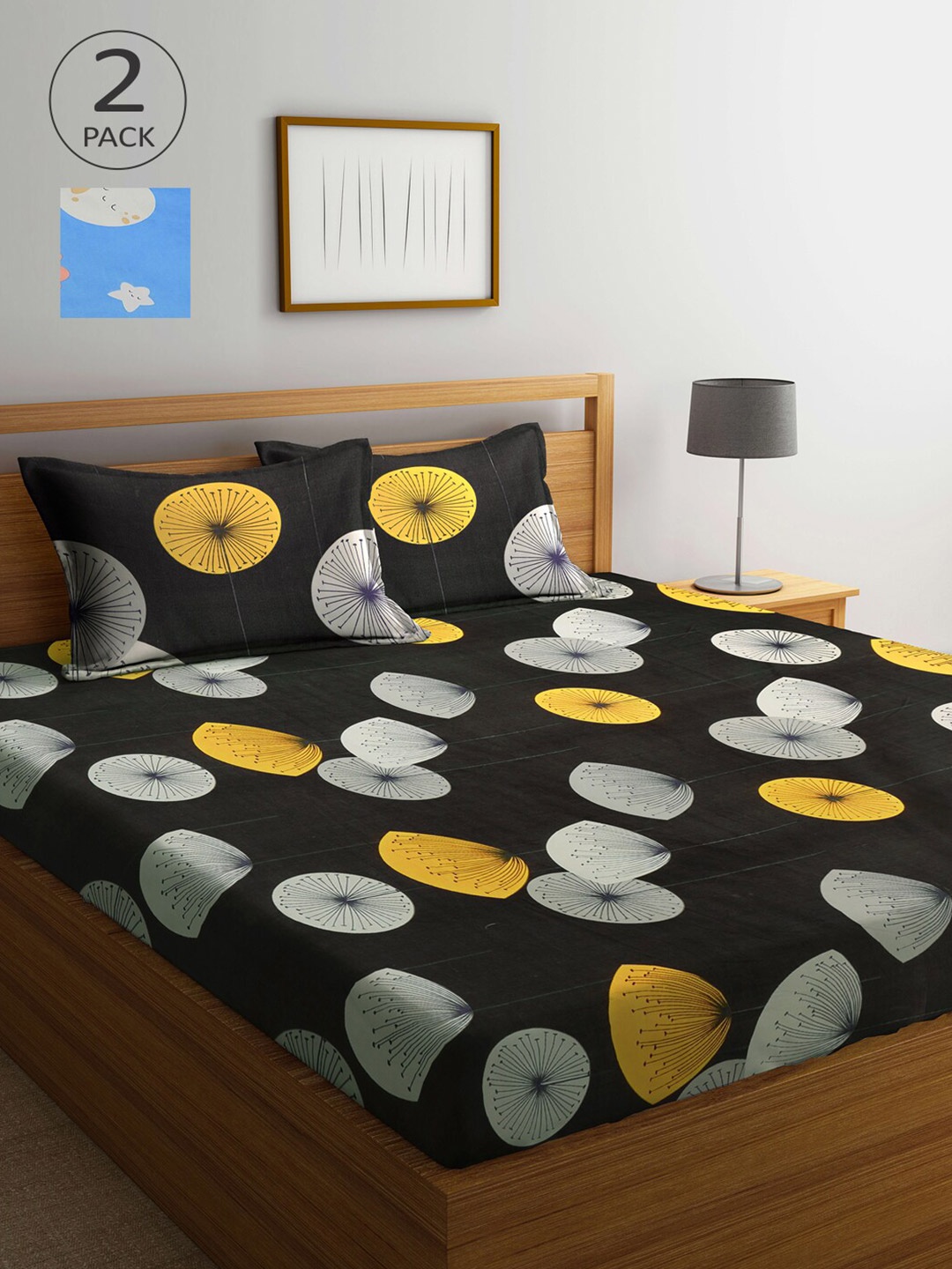 

Arrabi Black & Yellow Graphic 300 TC King Bedsheet With 4 Pillow Covers