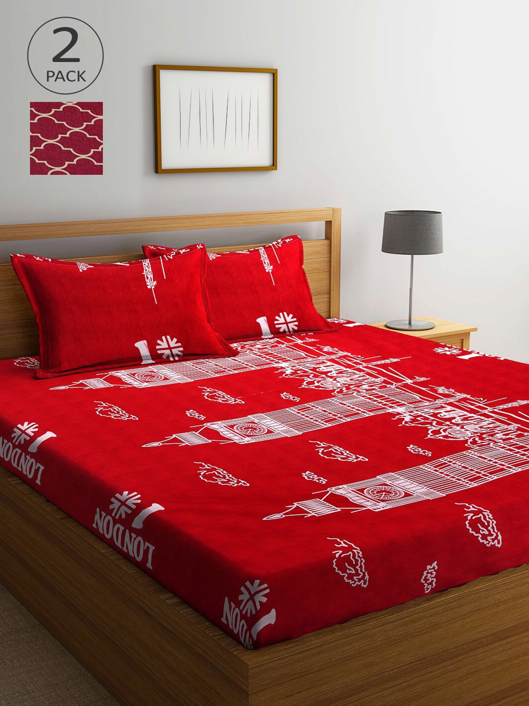 

Arrabi Magenta & Red Pack of 2 Graphic 300 TC 2 King Bedsheet with 4 Pillow Covers