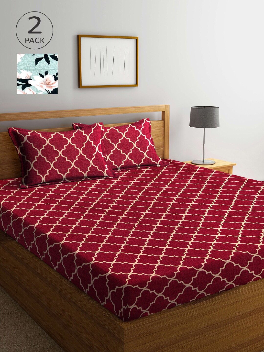 

Arrabi Pack of 2 Magenta & Green Ethnic Motifs 300 TC 2 King Bedsheet with 4 Pillow Covers