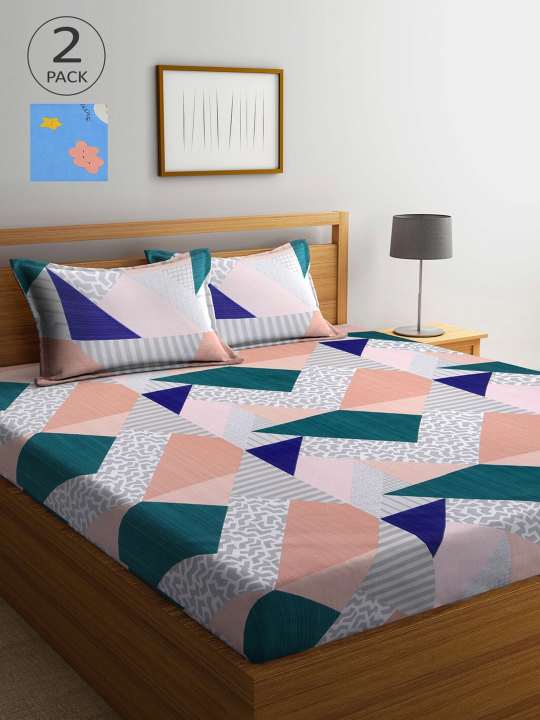 

Arrabi Set Of 2 Green & Blue Geometric 300 TC 2 King Bedsheet with 4 Pillow Covers