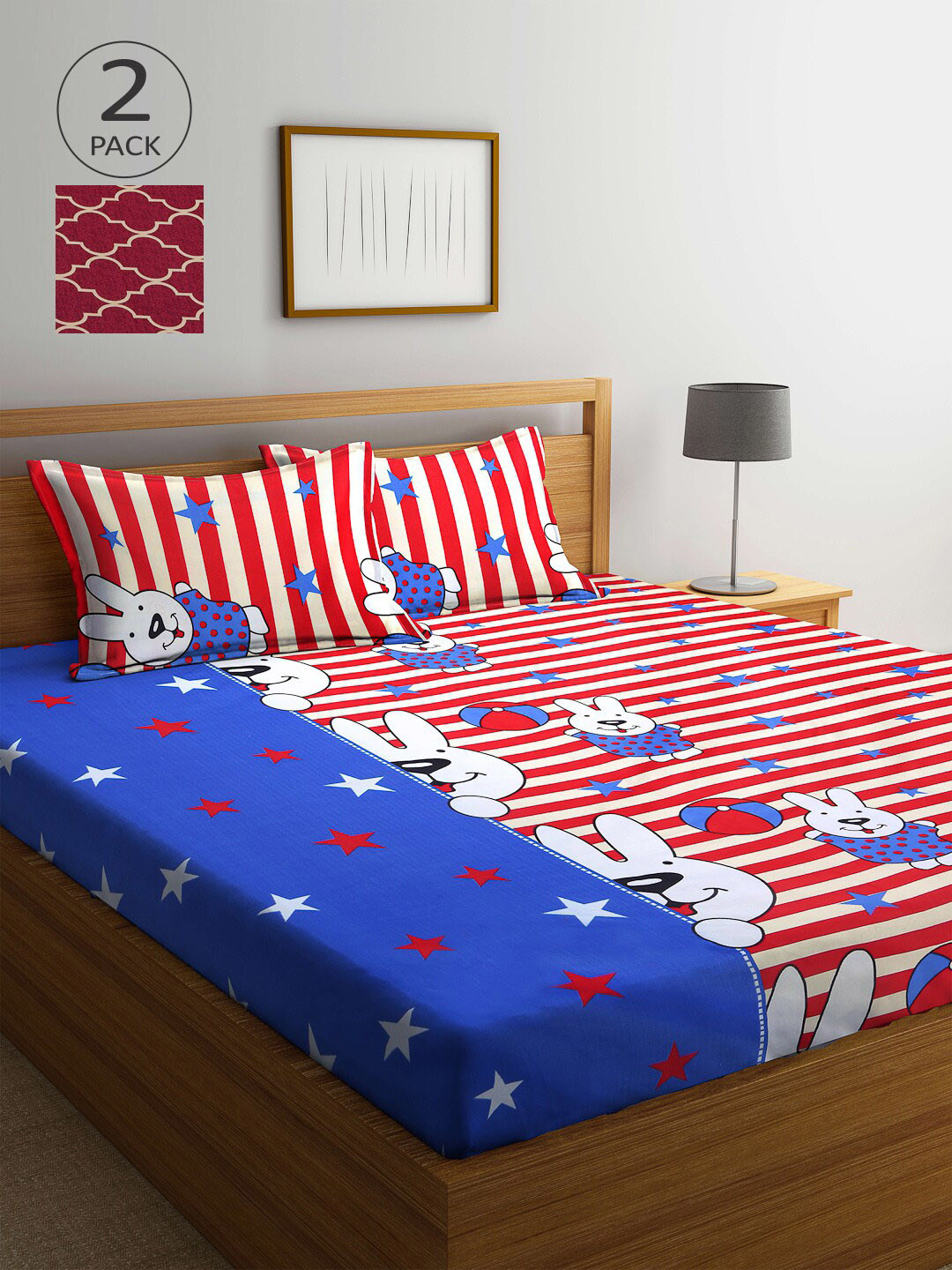 

Arrabi Pink & Blue Cartoon Characters 300 TC 2 King Bedsheet with 4 Pillow Covers
