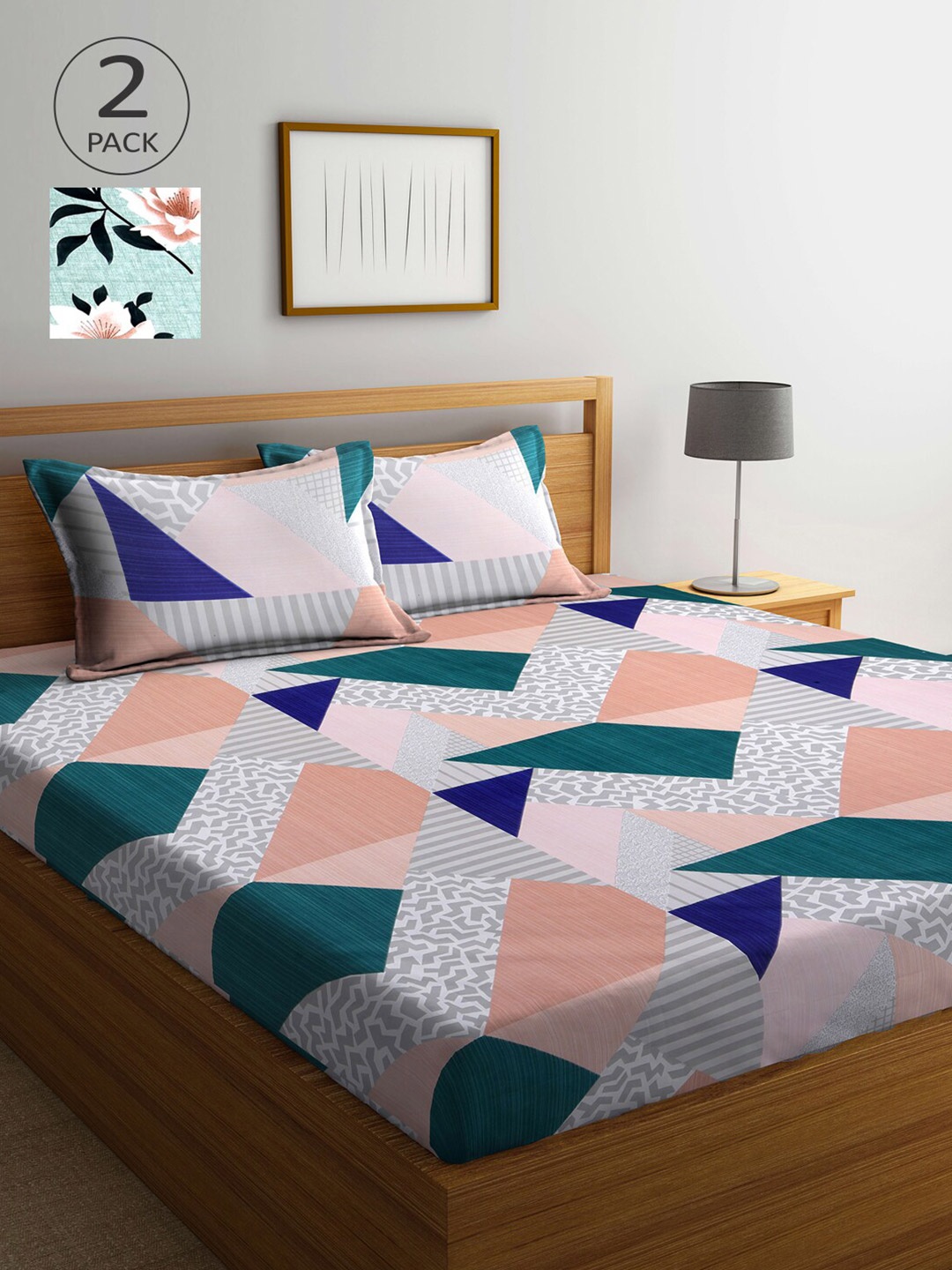 

Arrabi Green & Blue Graphic 300 TC 2 King Bedsheet with 4 Pillow Covers