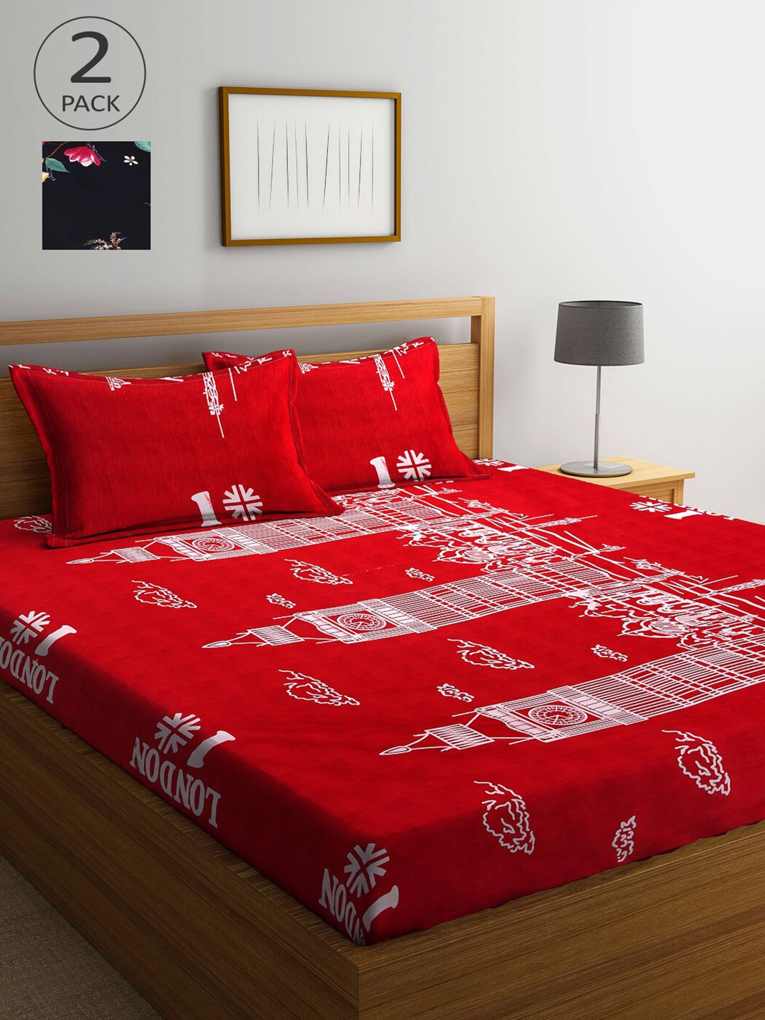 

Arrabi Kids Set Of 2 Red & White Graphic 300 TC King Bedsheet With 4 Pillow Covers