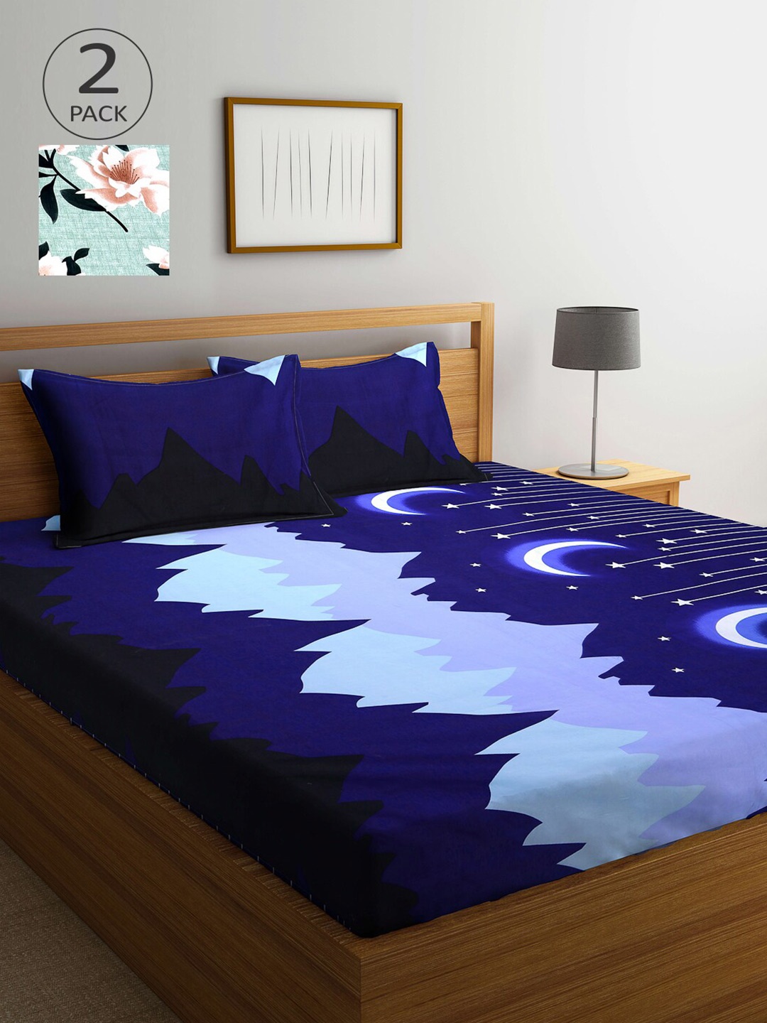 

Arrabi Navy Blue & Green Graphic 300 TC 2 King Bedsheet with 4 Pillow Covers