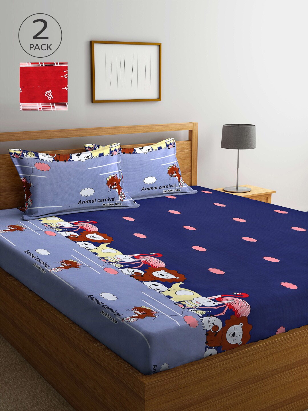 

Arrabi Pack Of 2 Navy Blue & Red 300 TC 2 King Bedsheet with 4 Pillow Covers