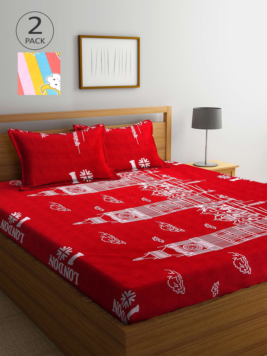 

Arrabi Set Of 2 Red & Blue Graphic 300 TC 2 King Bedsheet with 4 Pillow Covers