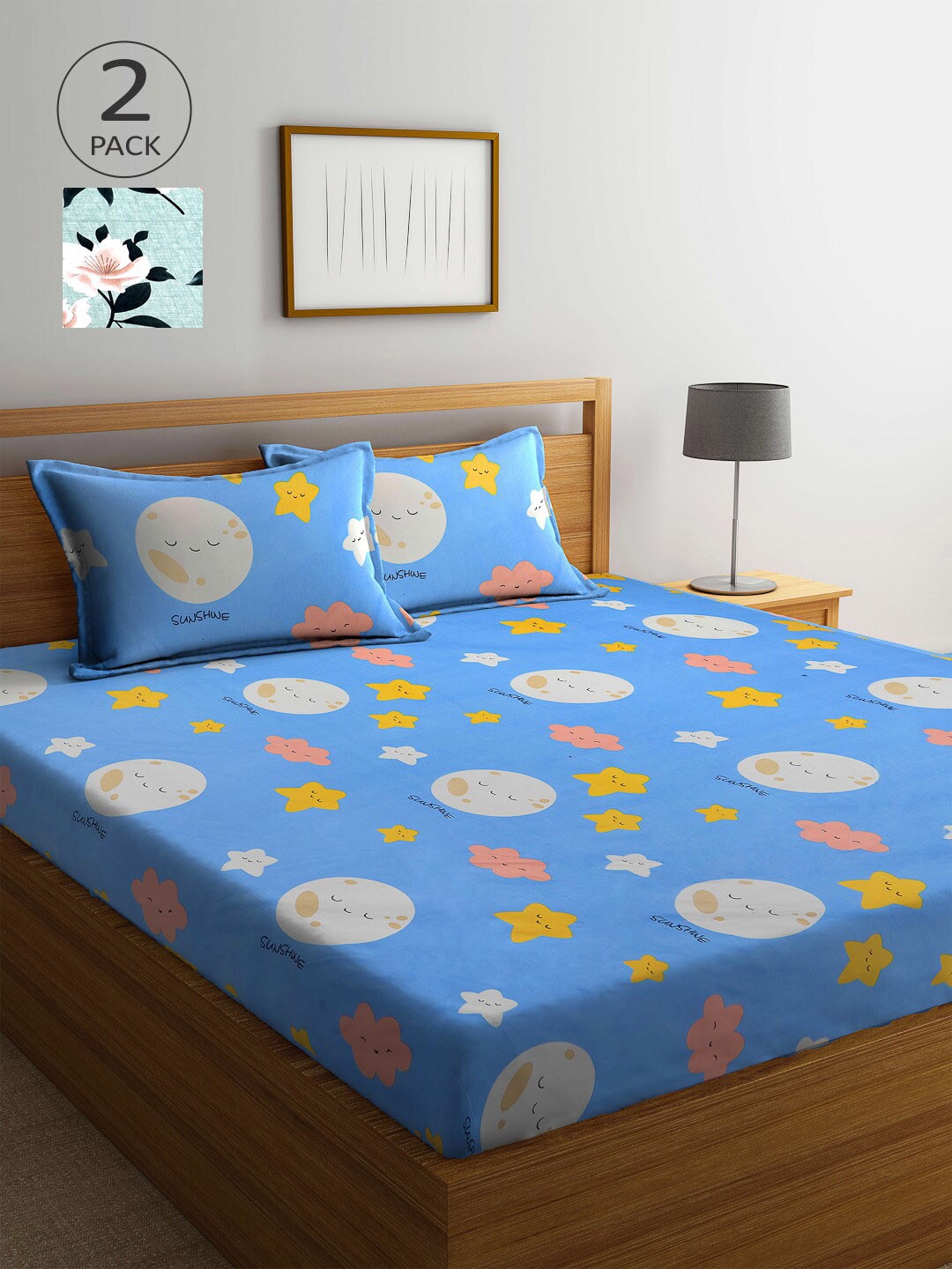 

Arrabi Blue & Green Printed 300 TC 2 King Bedsheet with 4 Pillow Covers