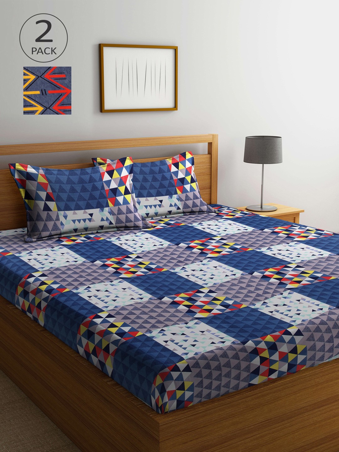 

Arrabi Grey & Blue Geometric 300 TC 2 King Bedsheet with 4 Pillow Covers