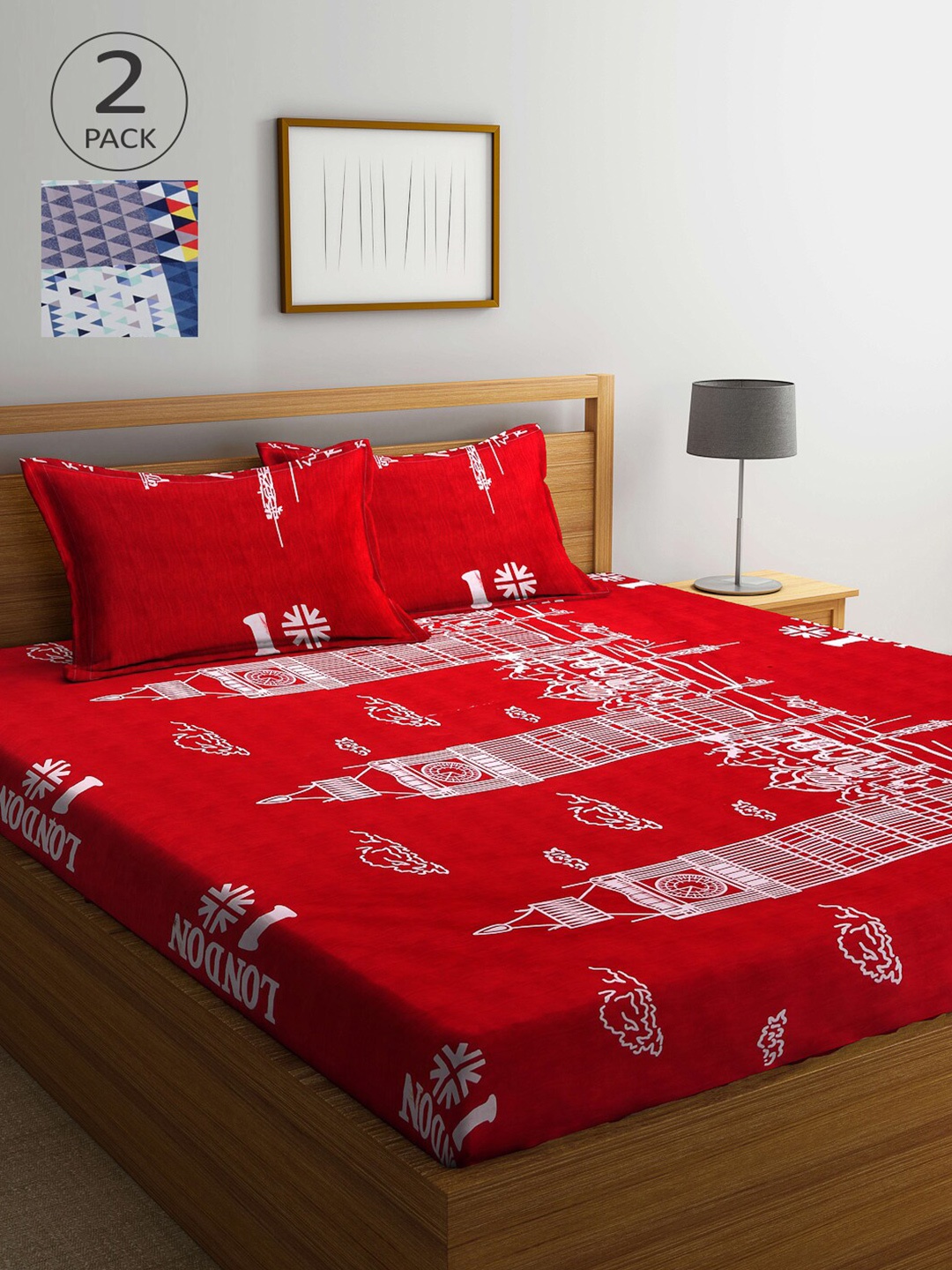 

Arrabi Red White & Blue Graphic 300 TC 2 King Bedsheet with 4 Pillow Covers