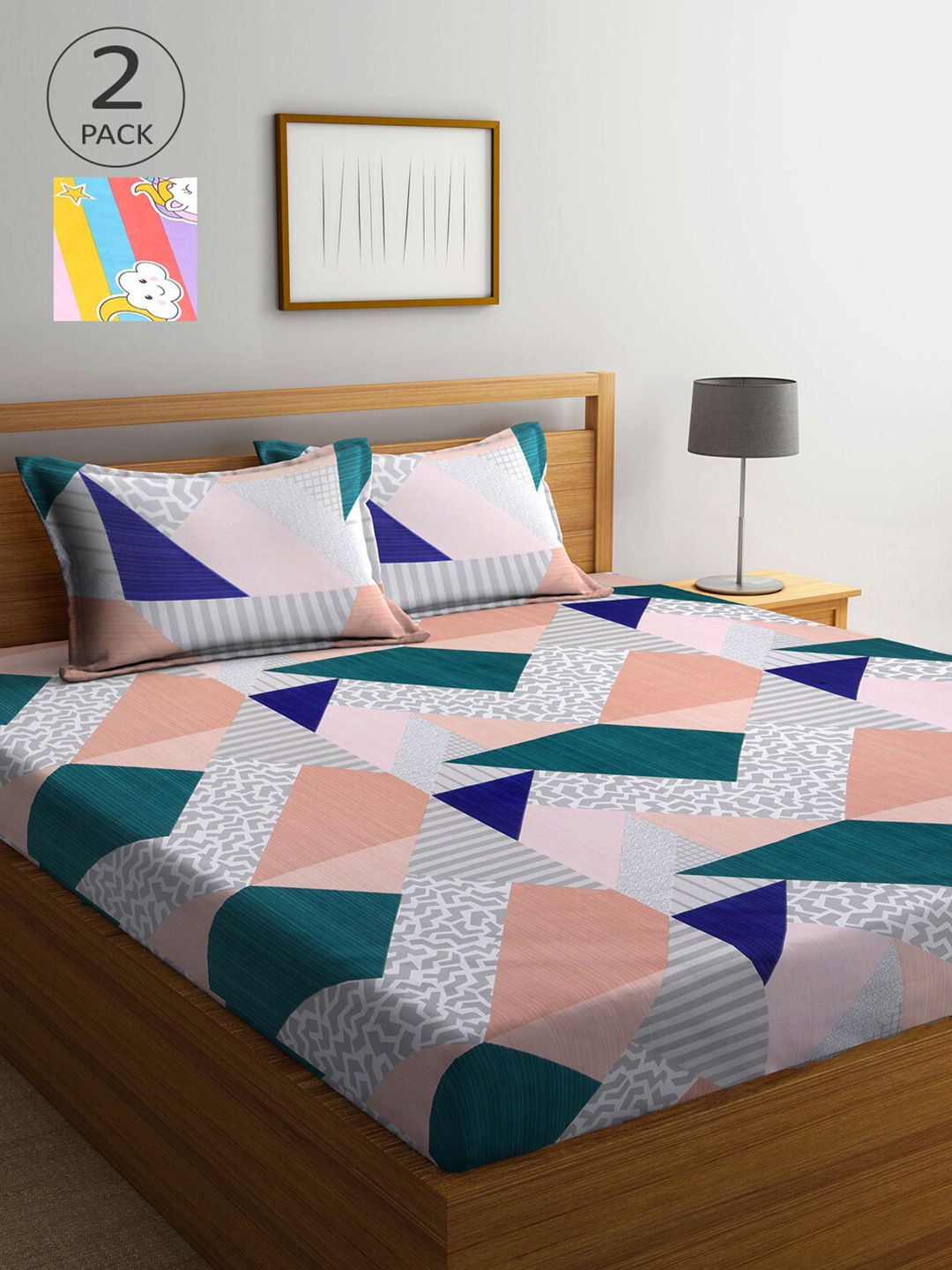 

Arrabi Unisex Set of 2 Multi Graphic Double Bedsheet with Pillow Covers, Blue